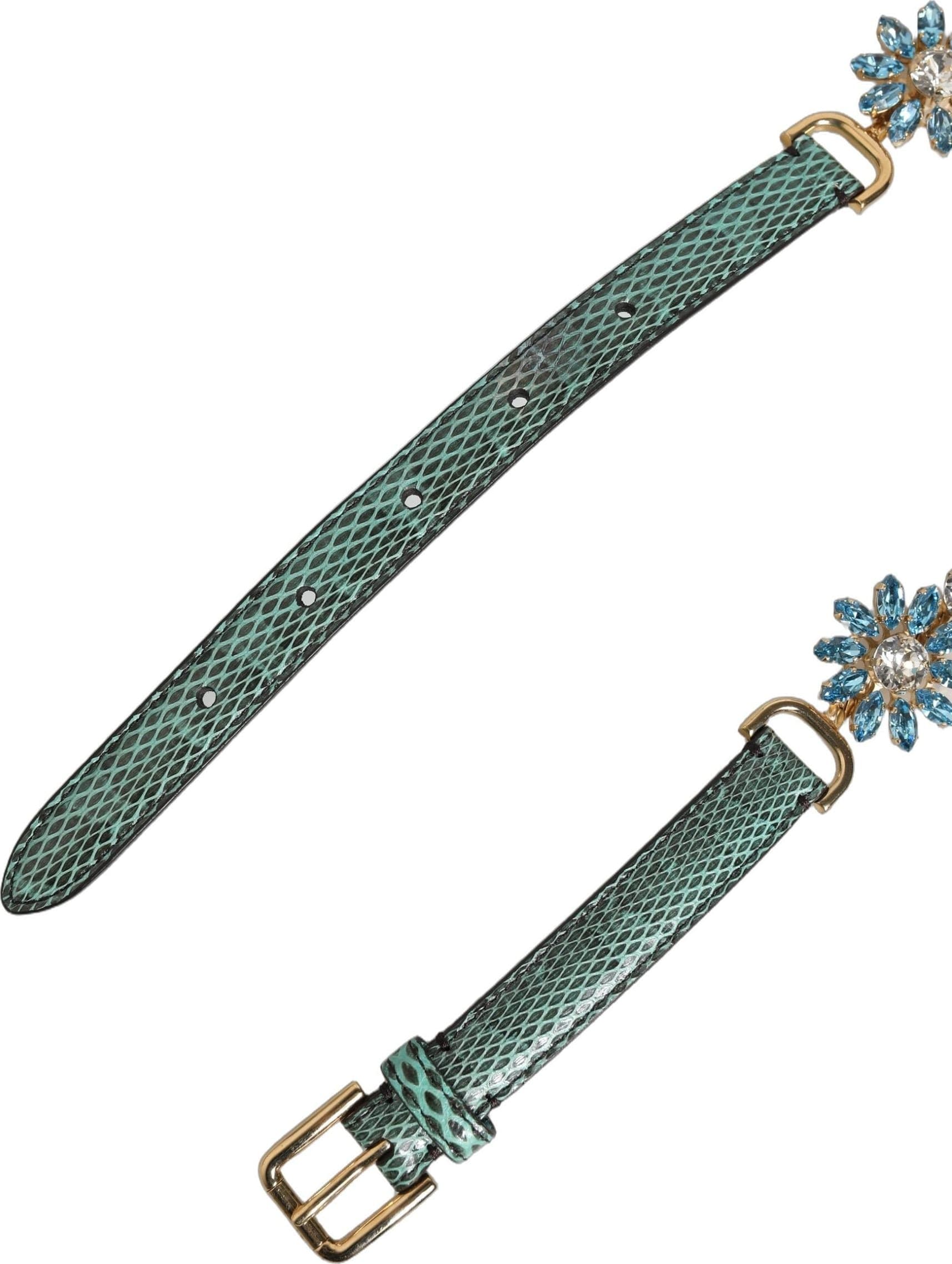 Dolce & Gabbana Green Leather Daisy Crystal Embellished Waist Belt - 8