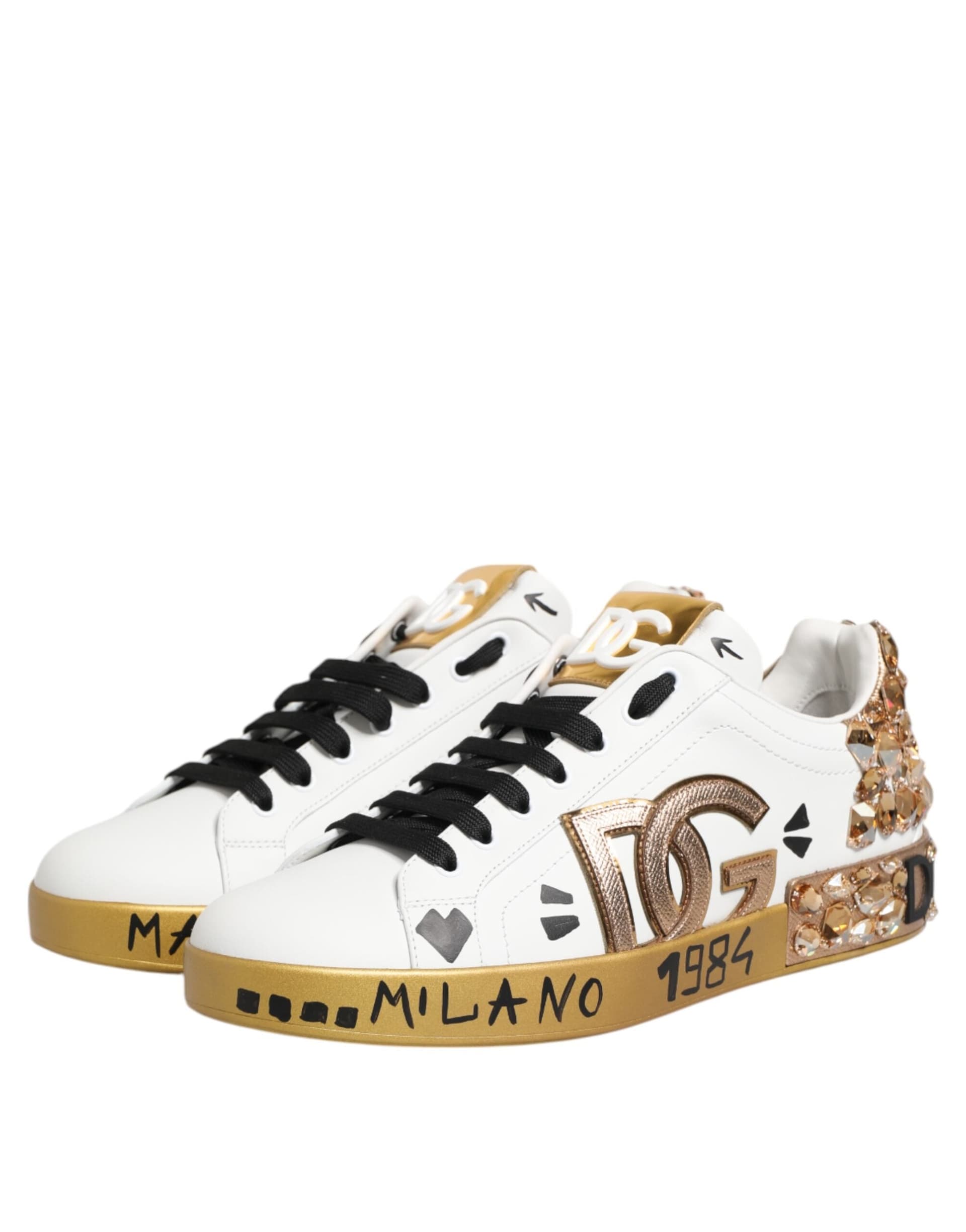 Dolce & Gabbana White Gold Crystal Portofino Sneakers Shoes - 3