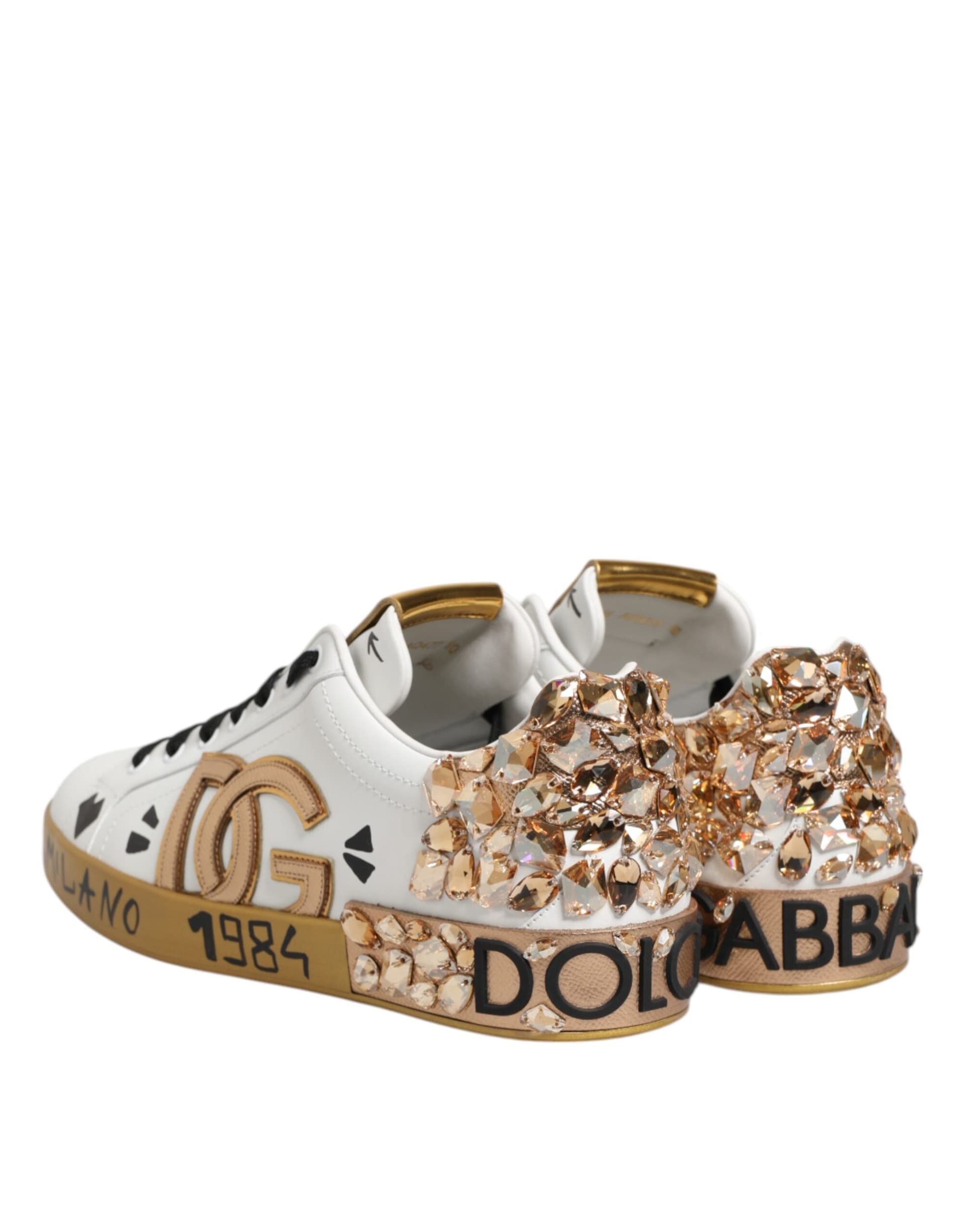 Dolce & Gabbana White Gold Crystal Portofino Sneakers Shoes - 4