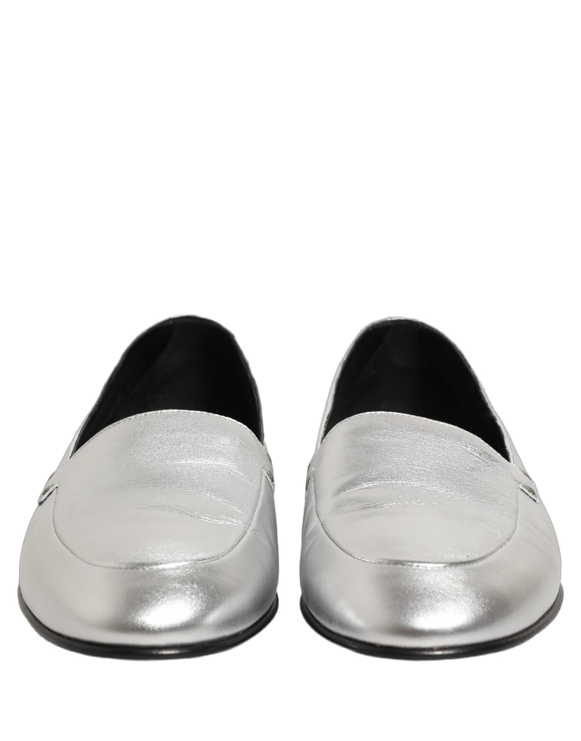 Dolce & Gabbana Silver Leather DG Logo Slip On Loafers Shoes - 2