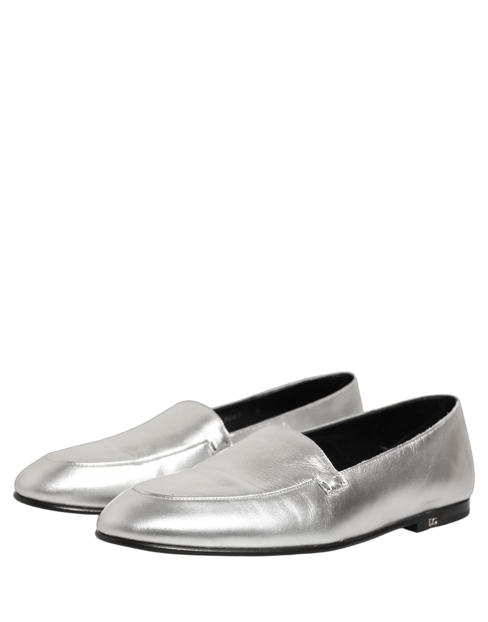Dolce & Gabbana Silver Leather DG Logo Slip On Loafers Shoes - 4