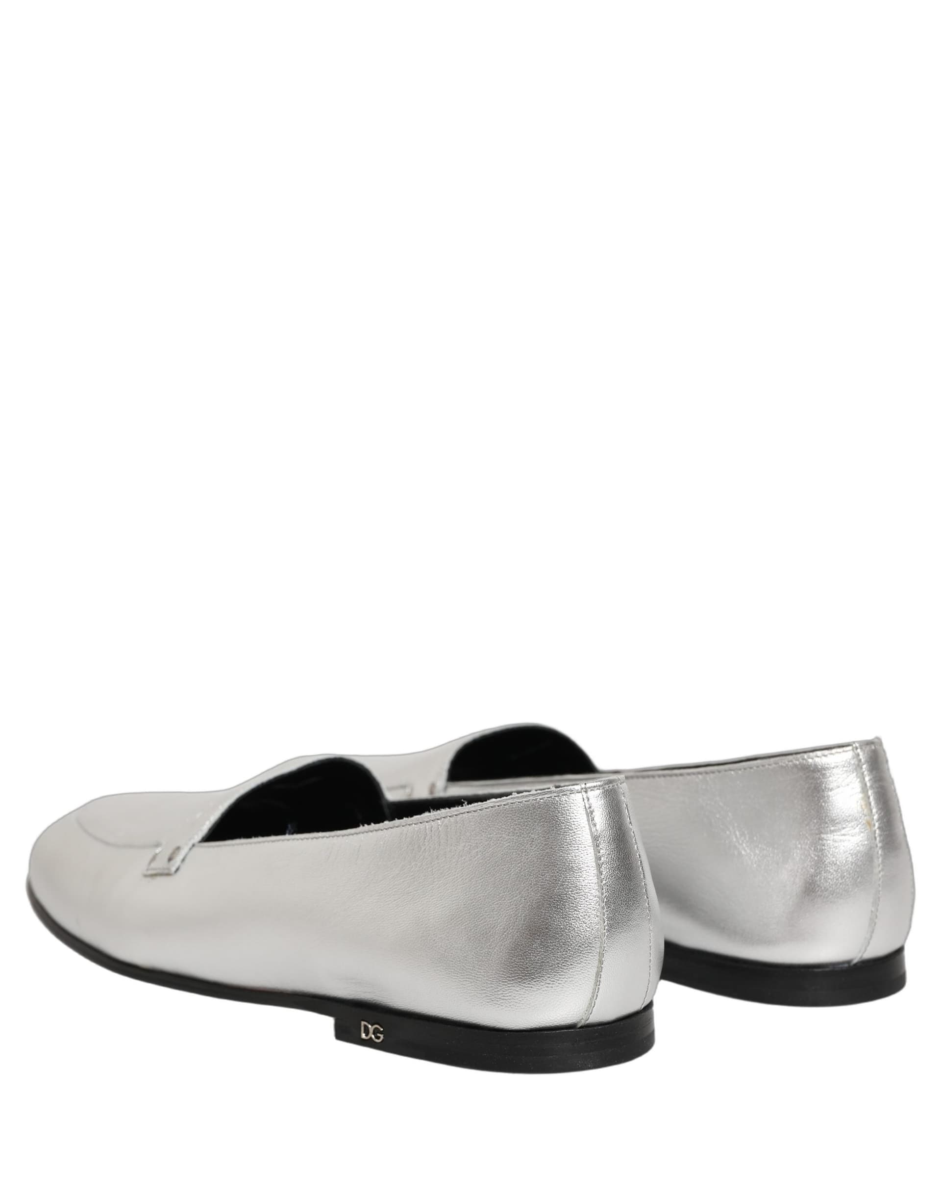 Dolce & Gabbana Silver Leather DG Logo Slip On Loafers Shoes - 5