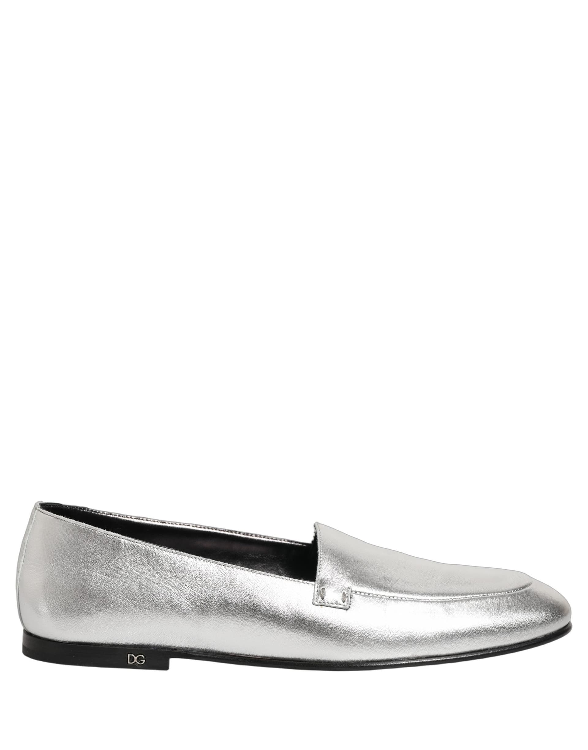 Dolce & Gabbana Silver Leather DG Logo Slip On Loafers Shoes - 8