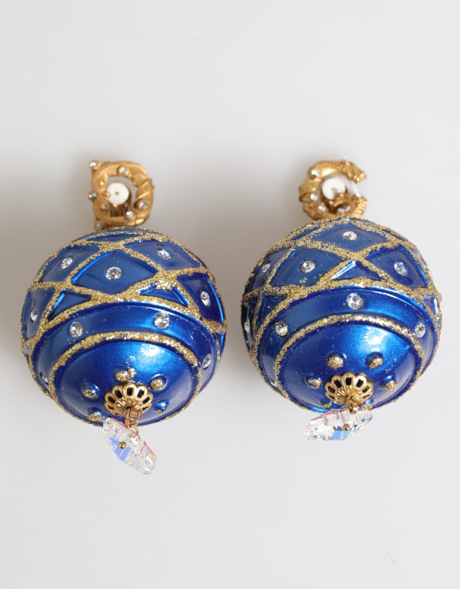 Dolce & Gabbana Gold Brass Blue Christmas Ball Crystal Drop Clip On Earrings - 2