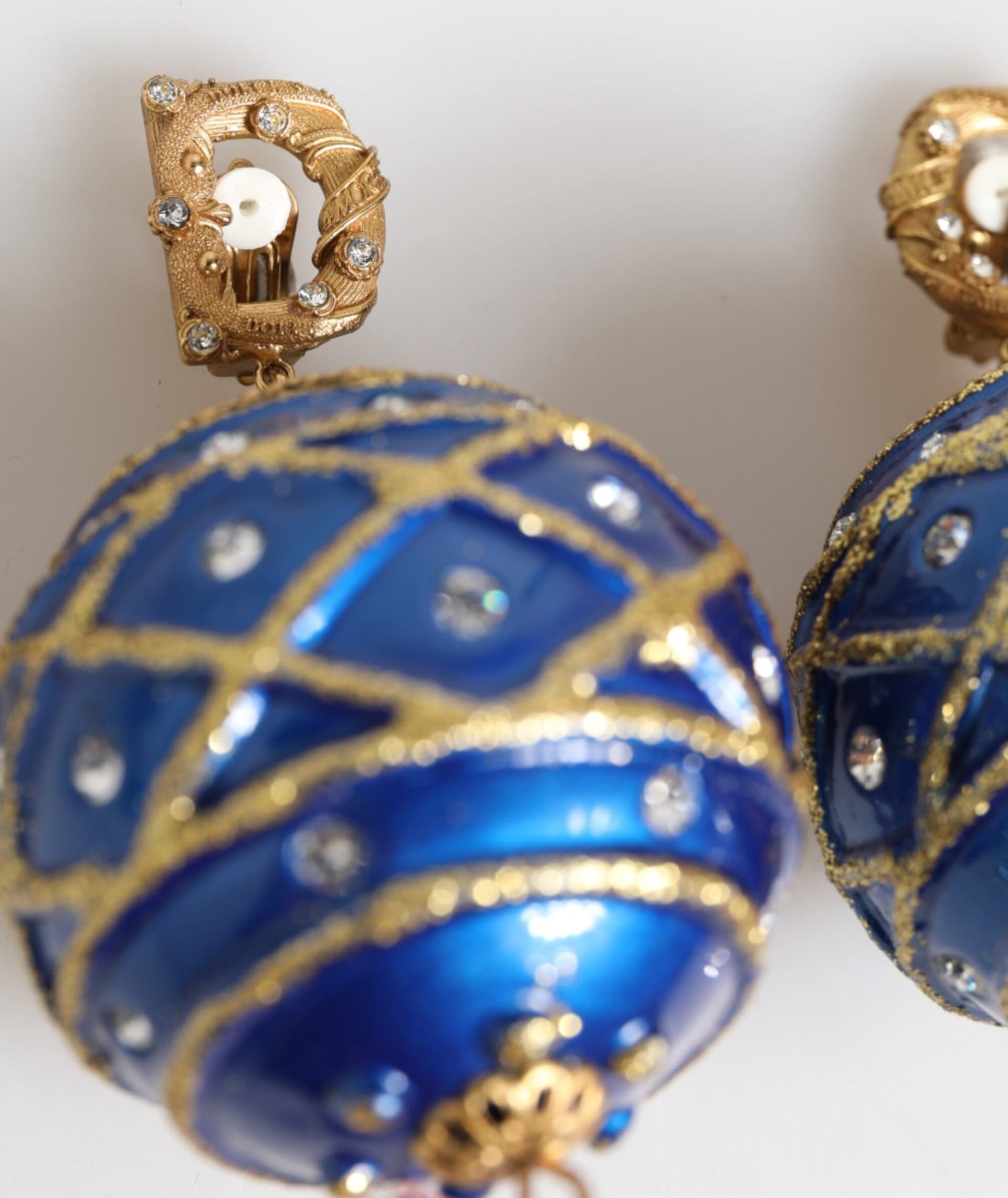 Dolce & Gabbana Gold Brass Blue Christmas Ball Crystal Drop Clip On Earrings - 5