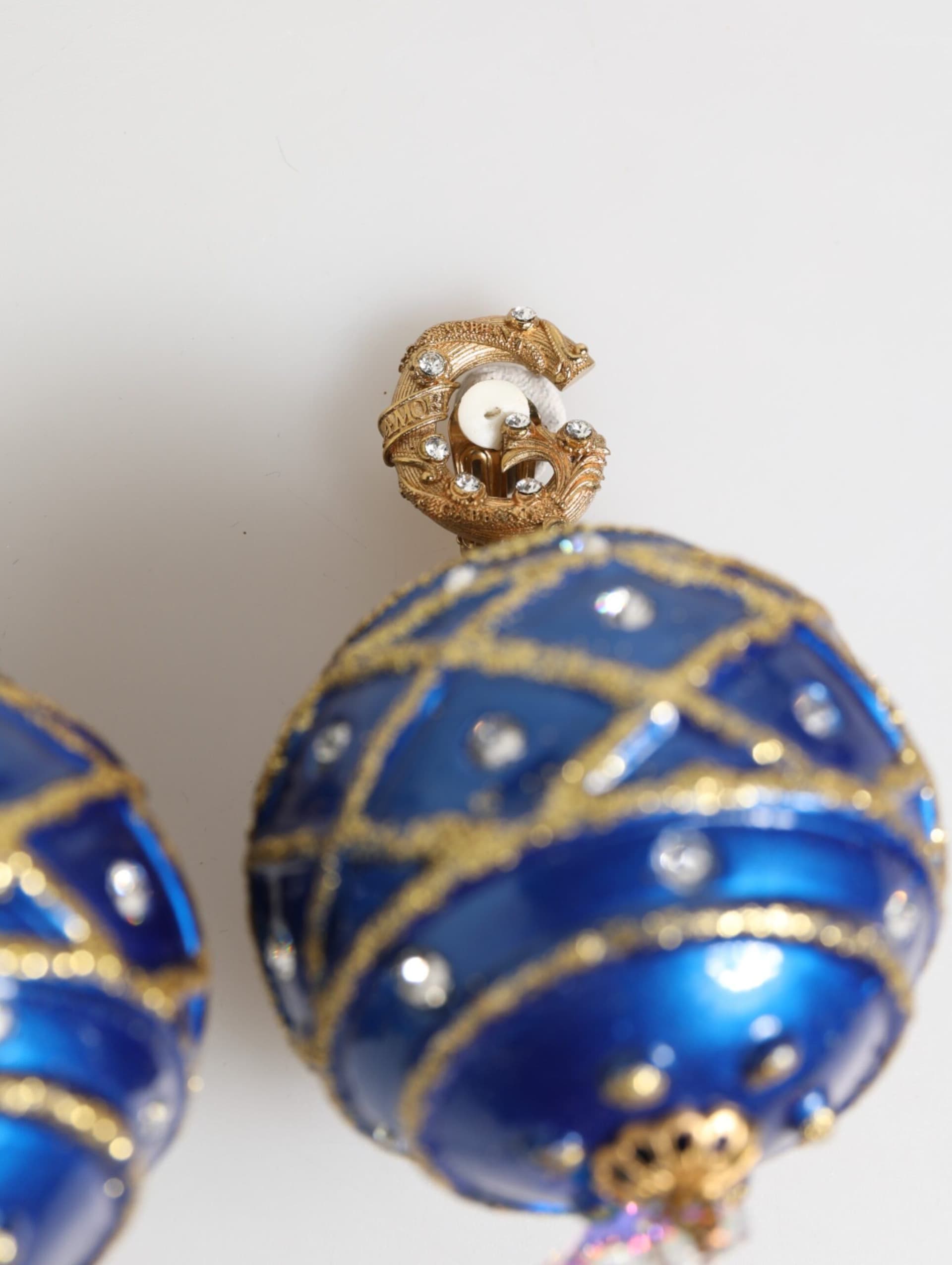 Dolce & Gabbana Gold Brass Blue Christmas Ball Crystal Drop Clip On Earrings - 6