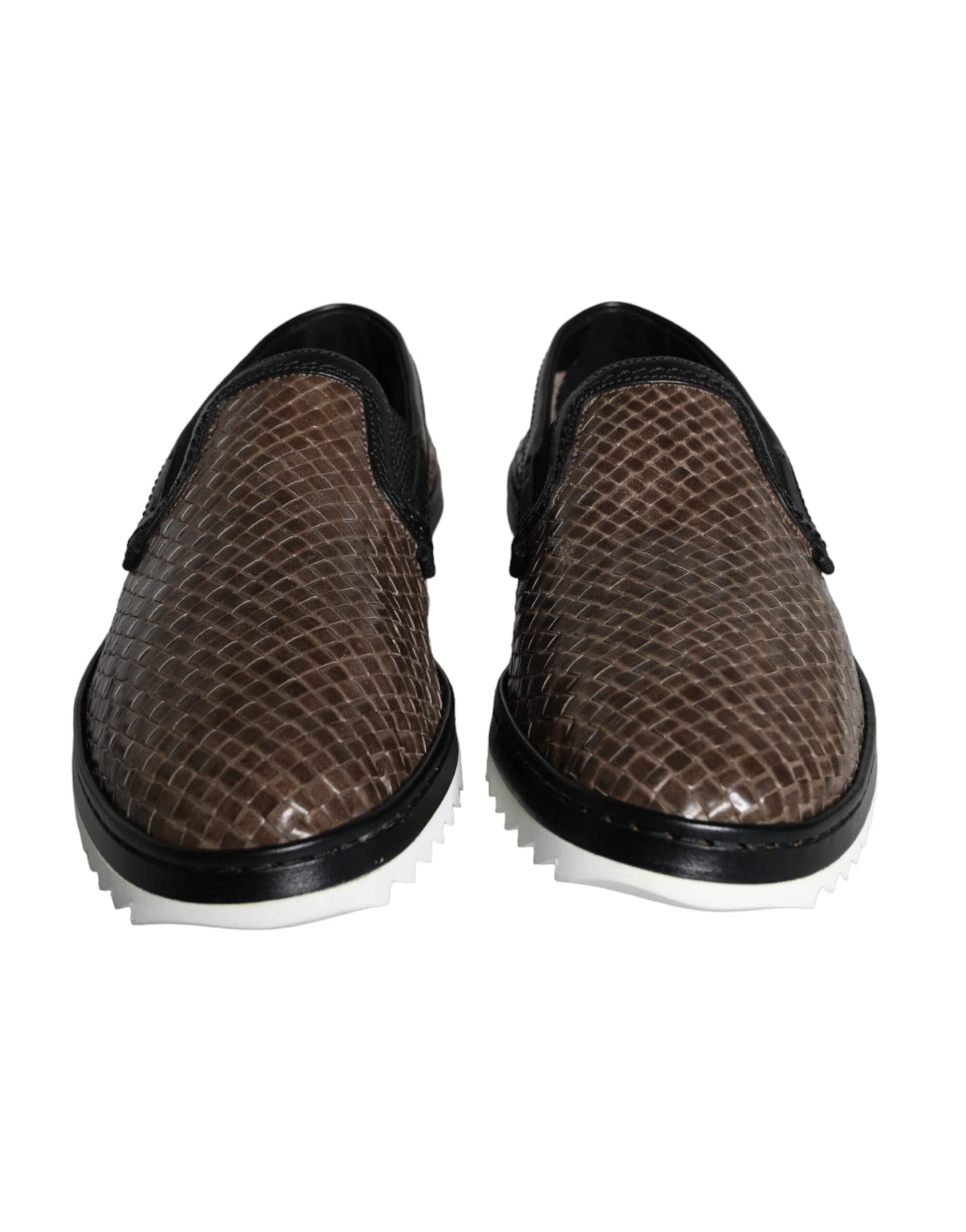 Dolce & Gabbana Brown Black Leather Weaved Men Loafers Shoes - 2