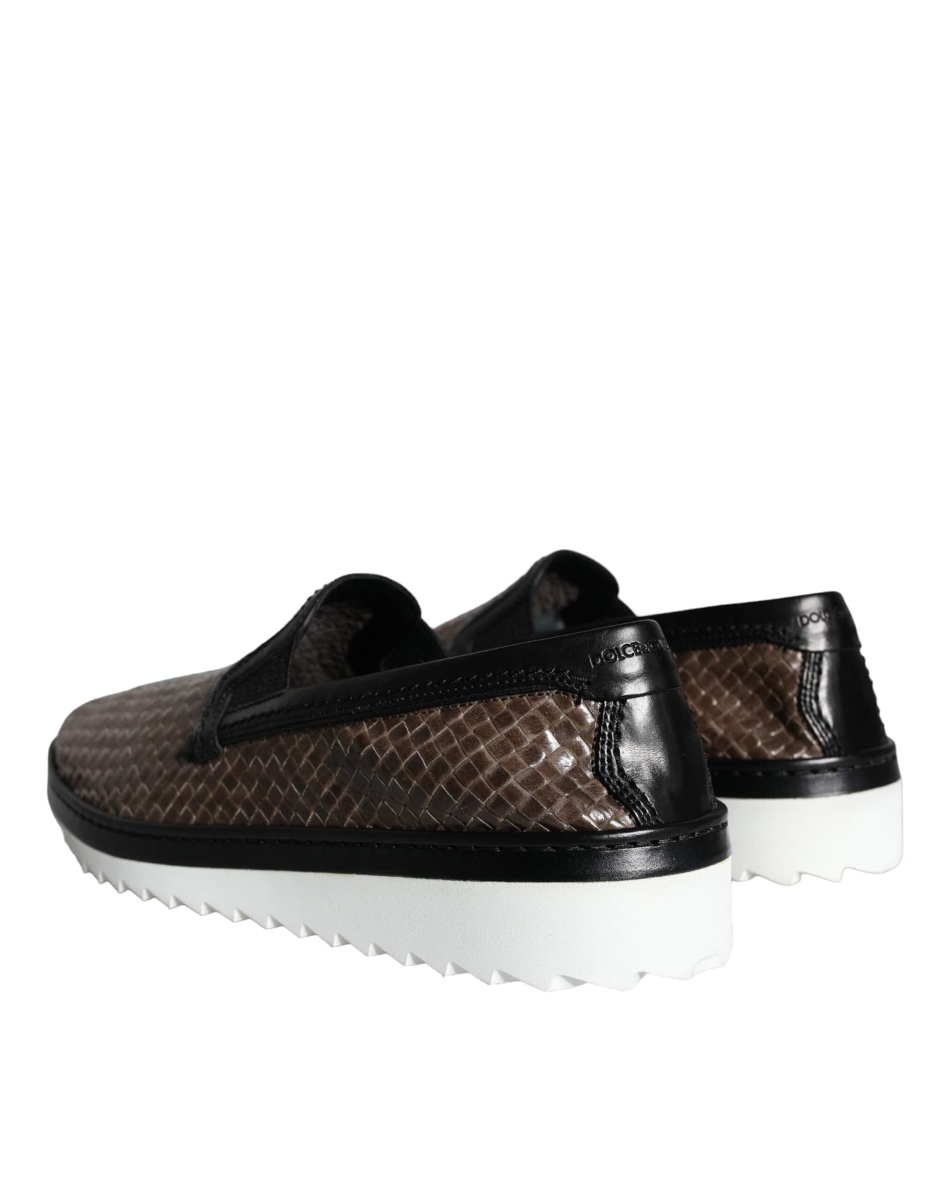 Dolce & Gabbana Brown Black Leather Weaved Men Loafers Shoes - 3
