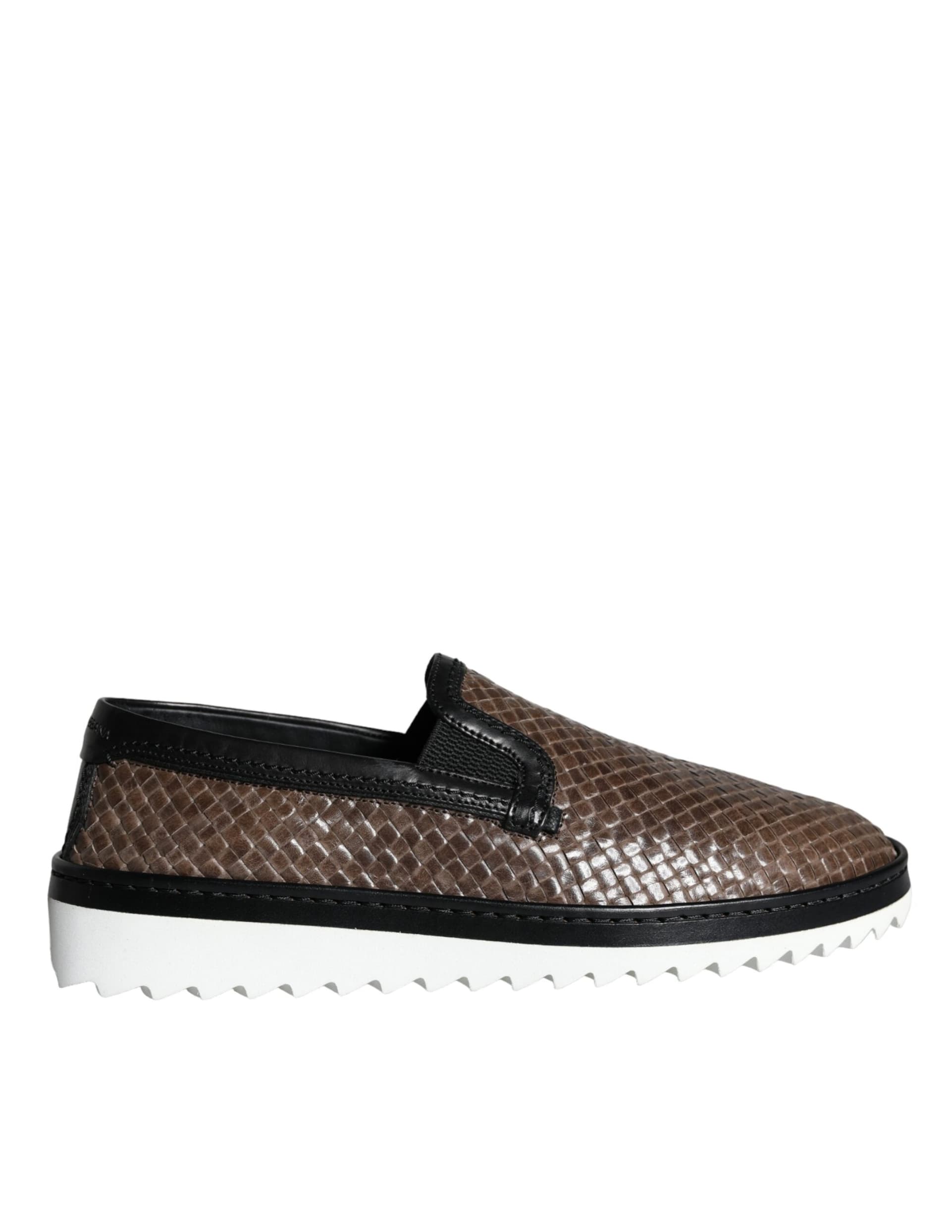 Dolce & Gabbana Brown Black Leather Weaved Men Loafers Shoes - 4