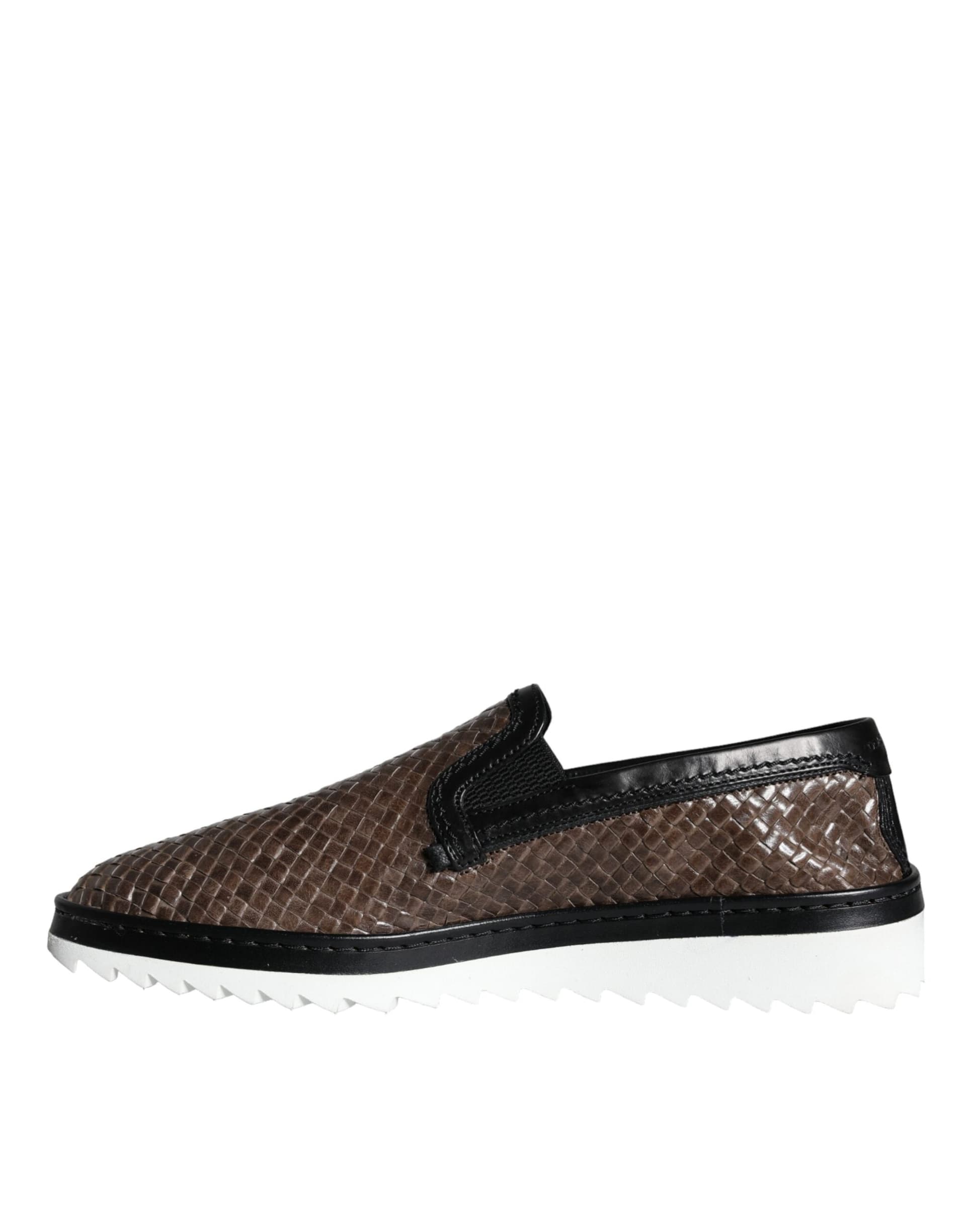 Dolce & Gabbana Brown Black Leather Weaved Men Loafers Shoes - 5