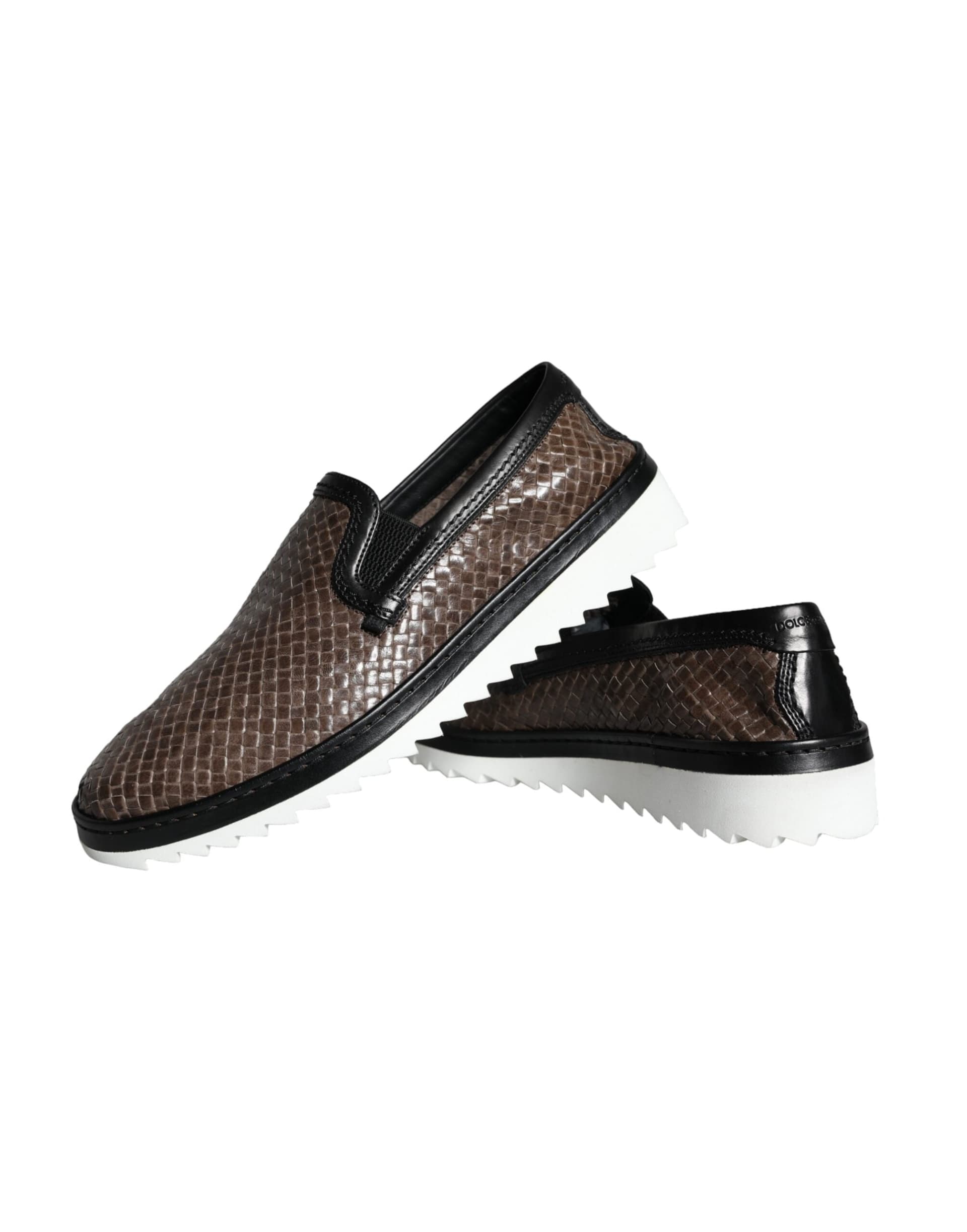Dolce & Gabbana Brown Black Leather Weaved Men Loafers Shoes - 7