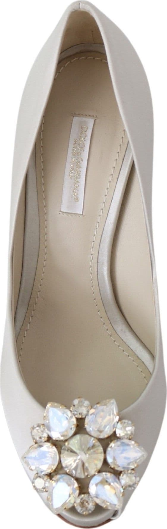 Dolce & Gabbana White Crystals Peep Toe Heels Satin Pumps Shoes - 2