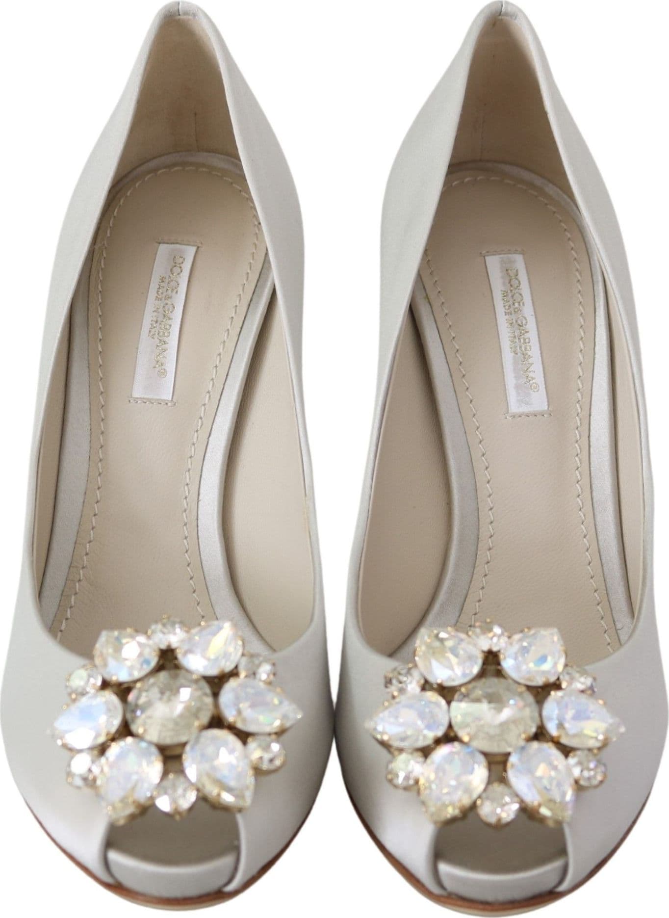 Dolce & Gabbana White Crystals Peep Toe Heels Satin Pumps Shoes - 3