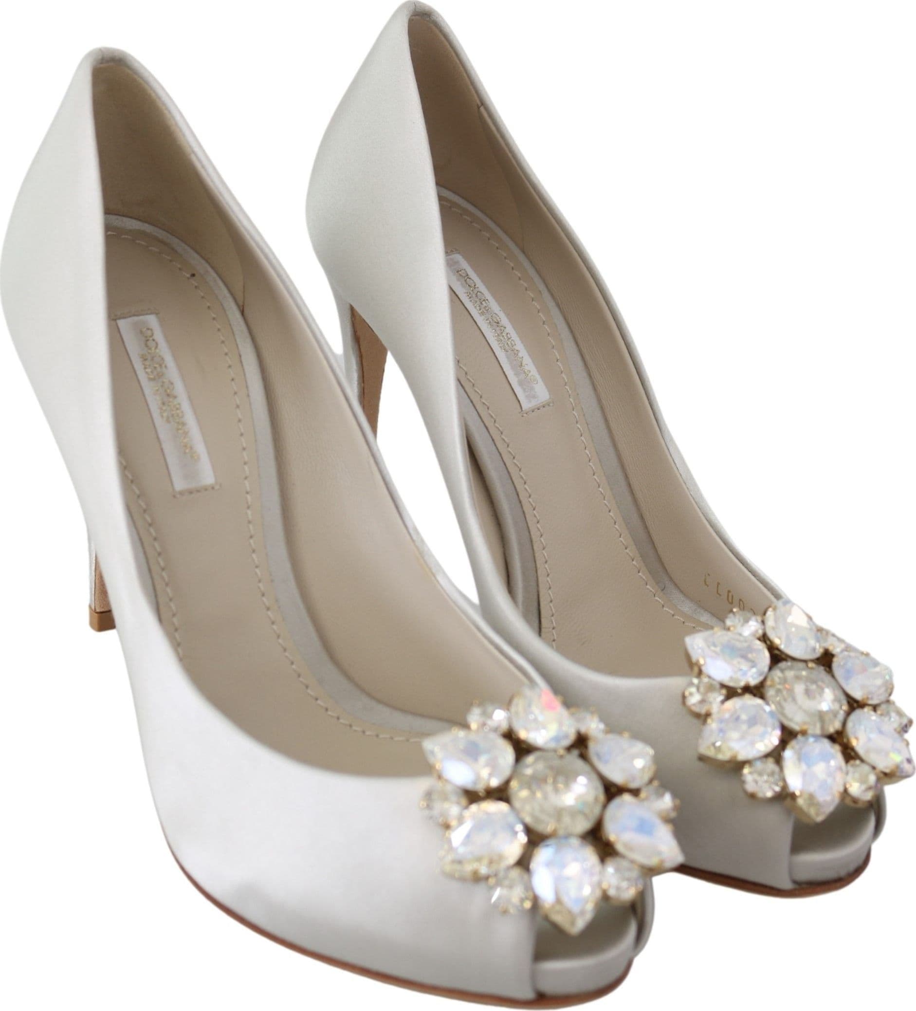 Dolce & Gabbana White Crystals Peep Toe Heels Satin Pumps Shoes - 4