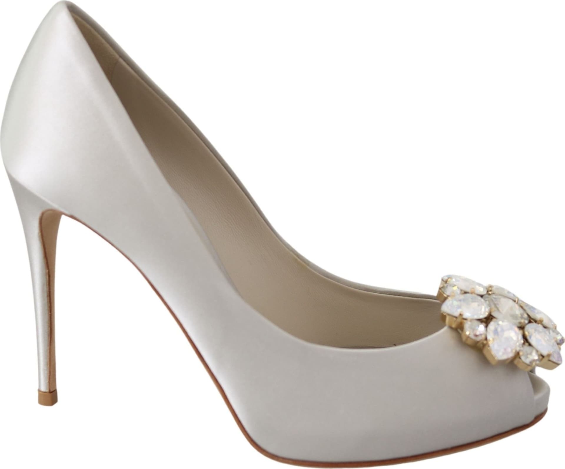 Dolce & Gabbana White Crystals Peep Toe Heels Satin Pumps Shoes - 6