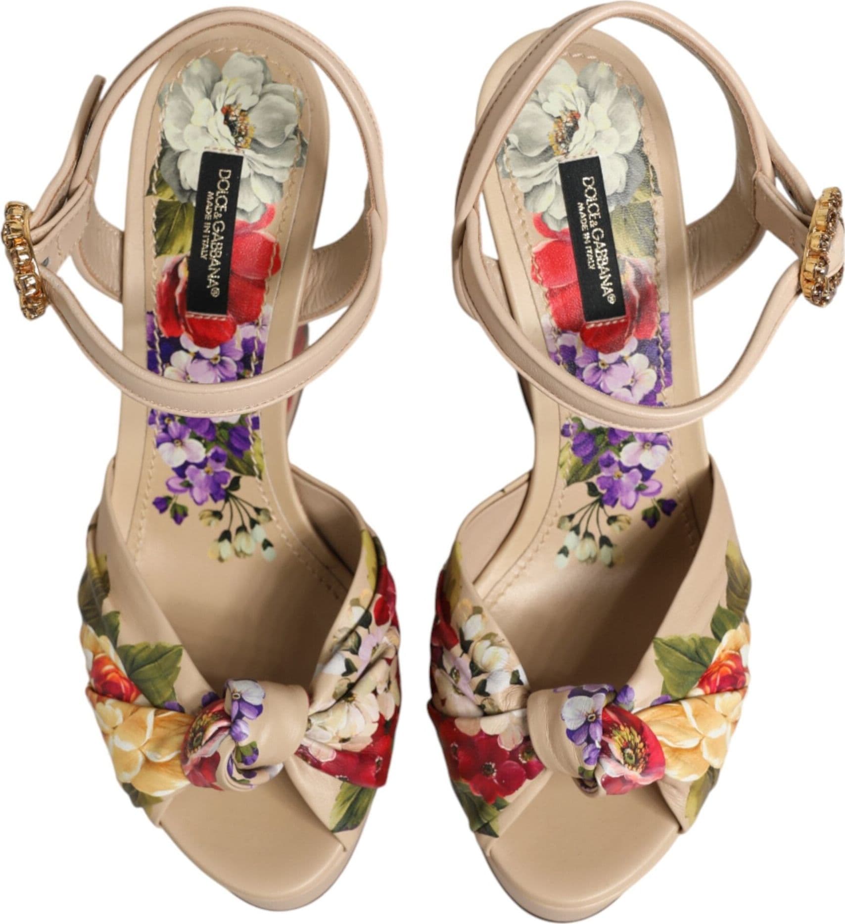 Dolce & Gabbana Beige Floral Ankle Strap Wedge Sandals Shoes - 2