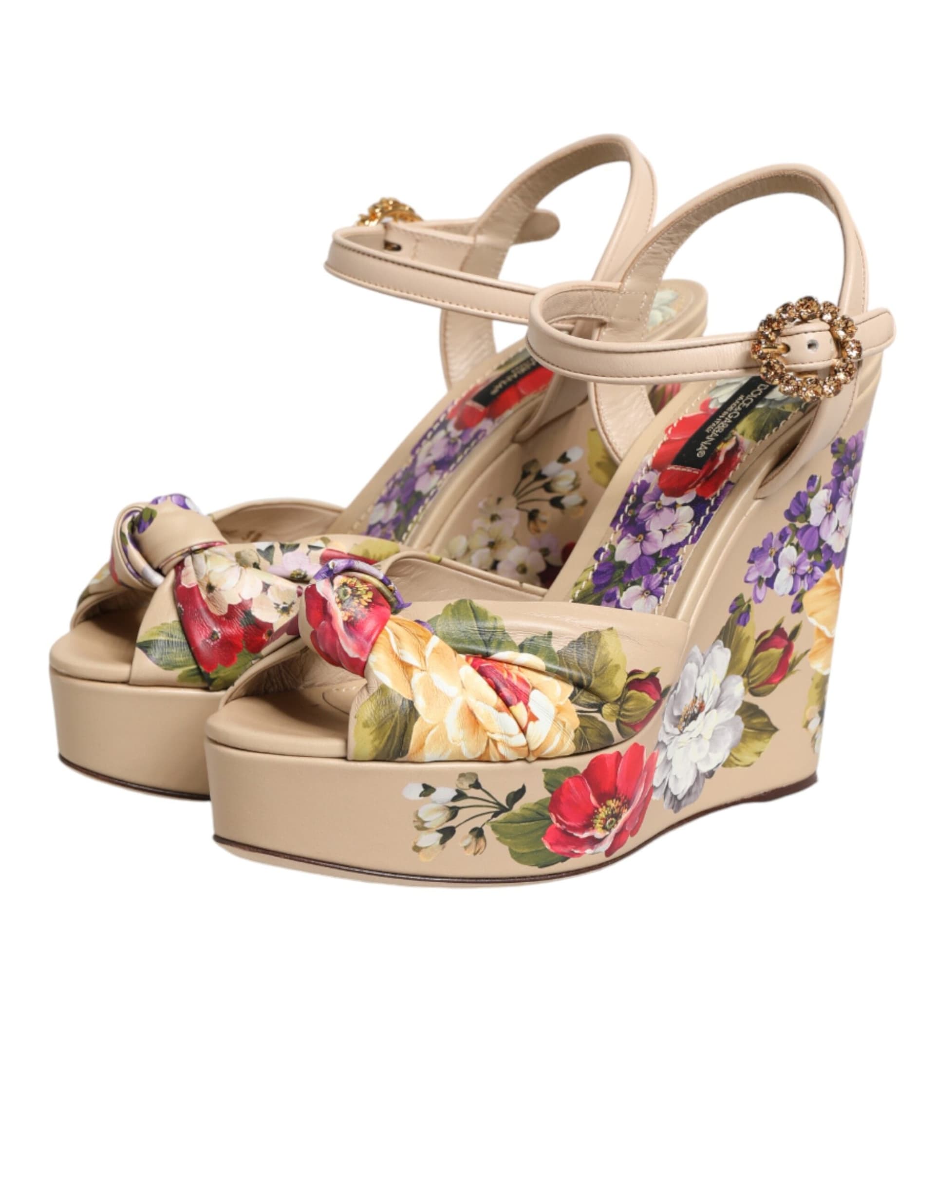 Dolce & Gabbana Beige Floral Ankle Strap Wedge Sandals Shoes - 3