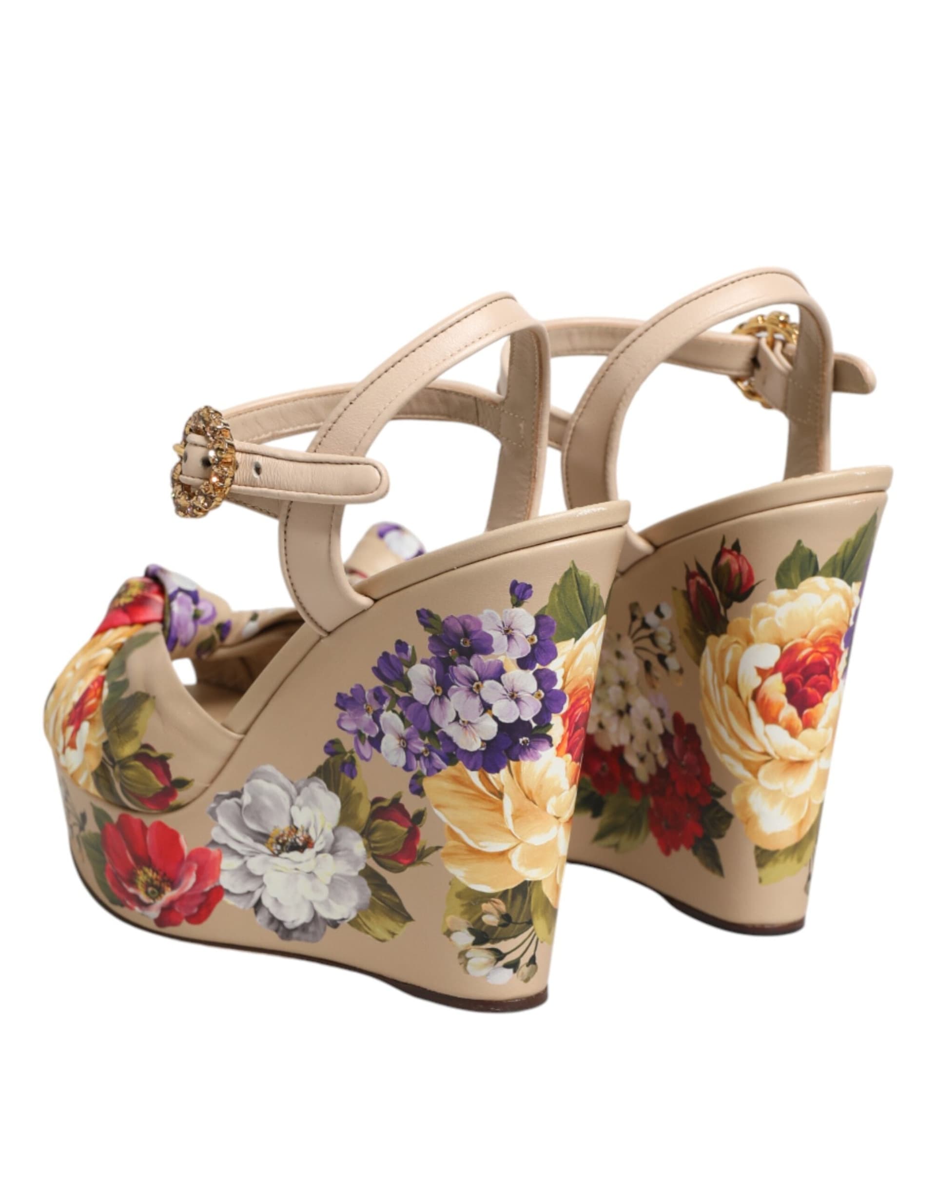 Dolce & Gabbana Beige Floral Ankle Strap Wedge Sandals Shoes - 4