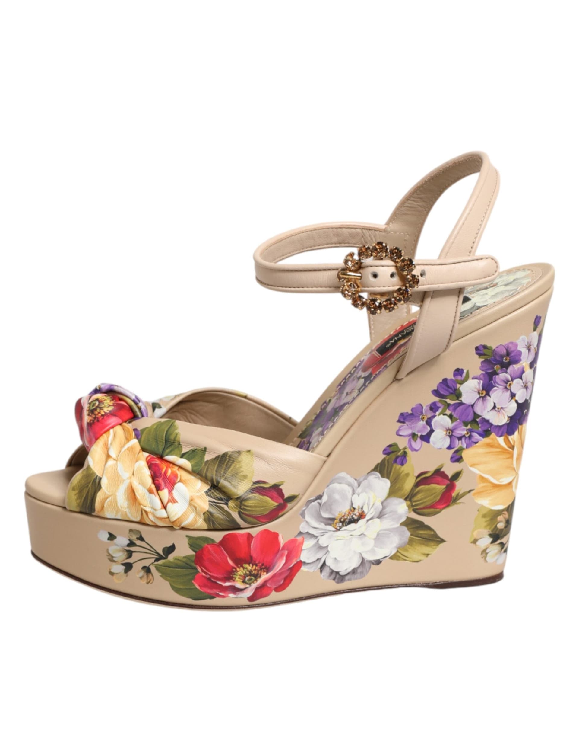 Dolce & Gabbana Beige Floral Ankle Strap Wedge Sandals Shoes - 5