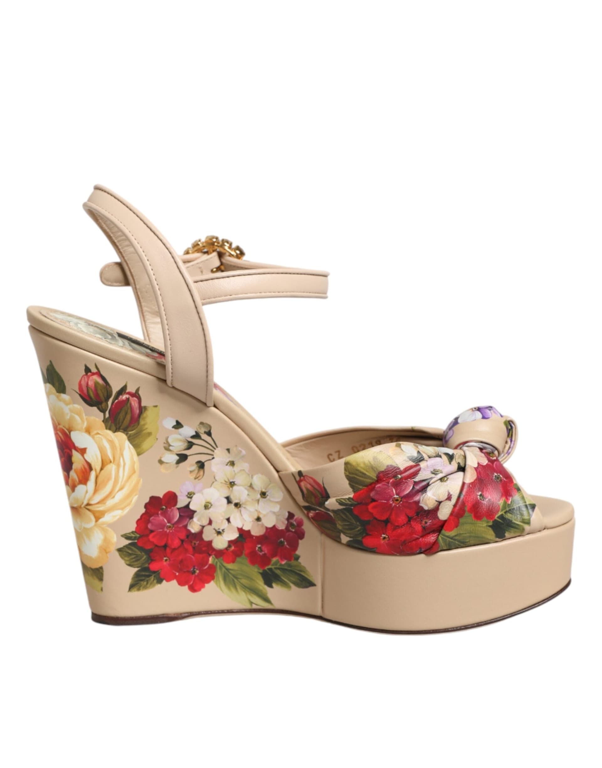 Dolce & Gabbana Beige Floral Ankle Strap Wedge Sandals Shoes - 6