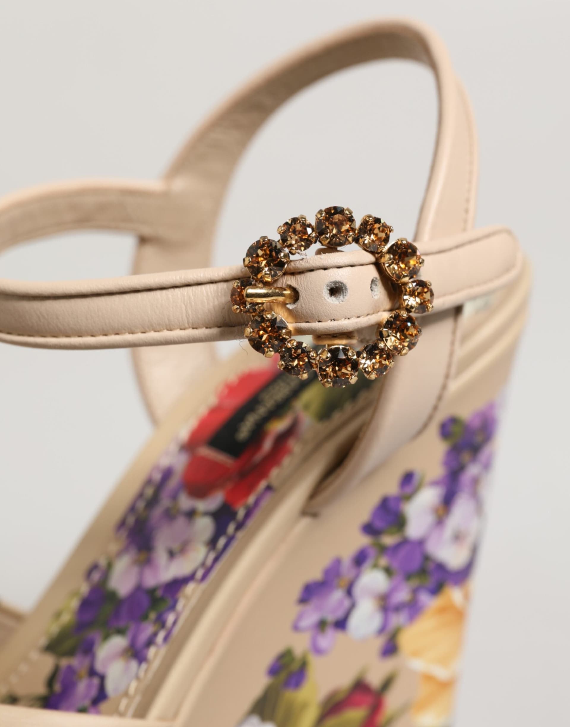 Dolce & Gabbana Beige Floral Ankle Strap Wedge Sandals Shoes - 8