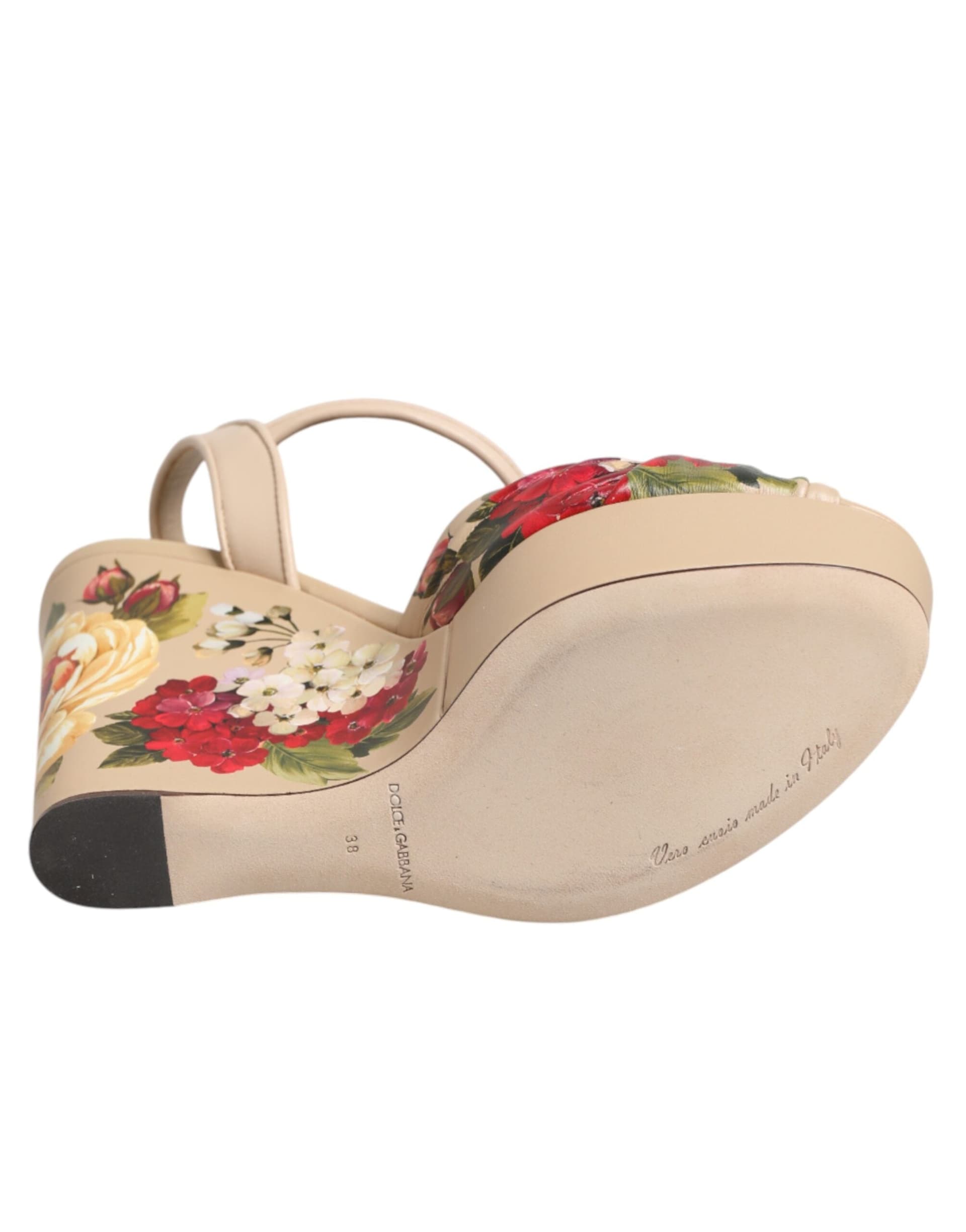 Dolce & Gabbana Beige Floral Ankle Strap Wedge Sandals Shoes - 8