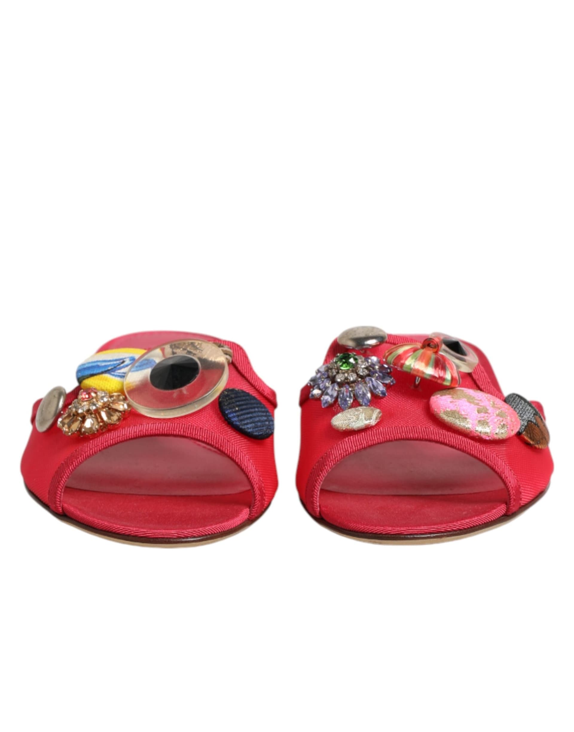 Dolce & Gabbana Red Embellished Flats Slip On Sandals Shoes - 2