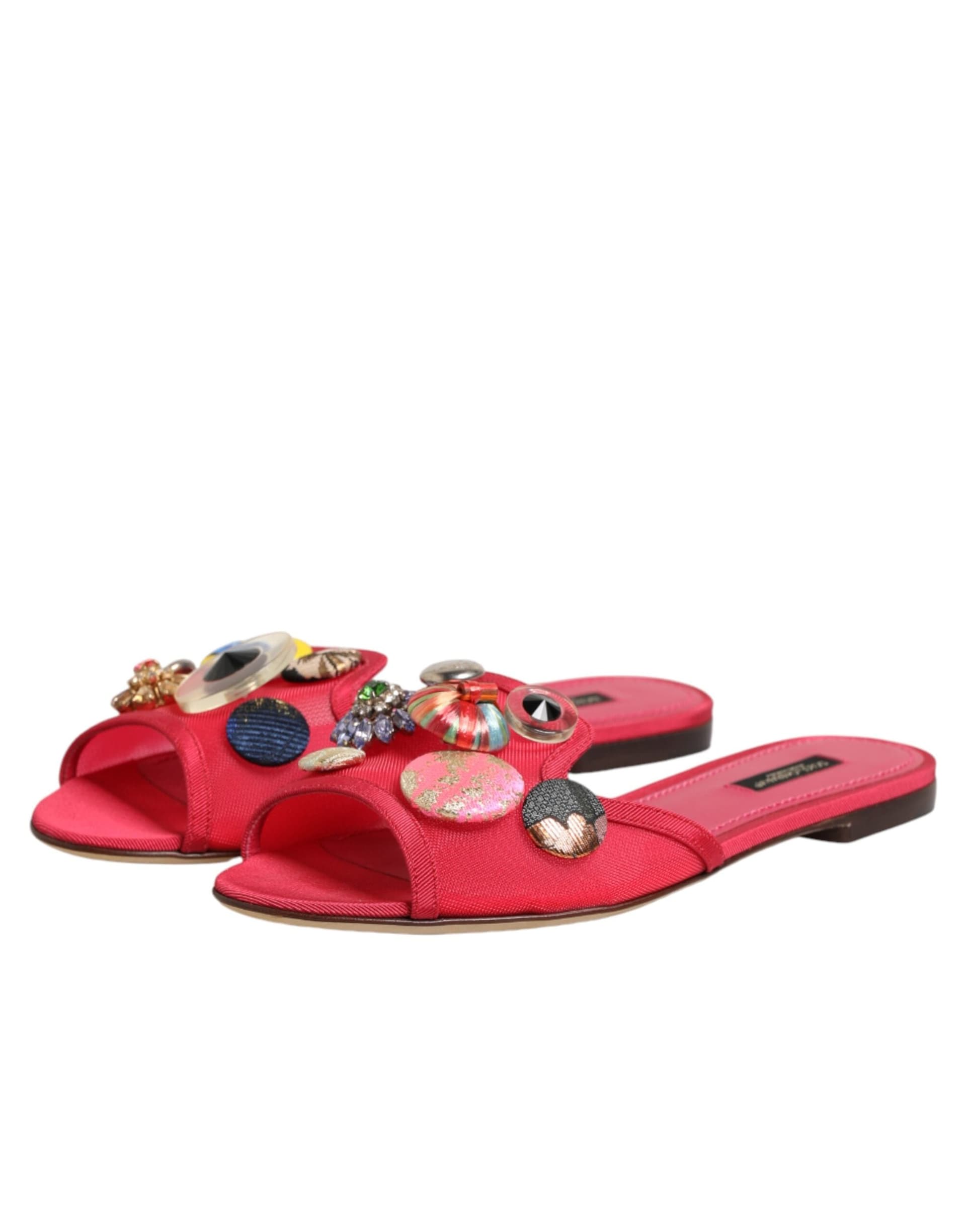 Dolce & Gabbana Red Embellished Flats Slip On Sandals Shoes - 3
