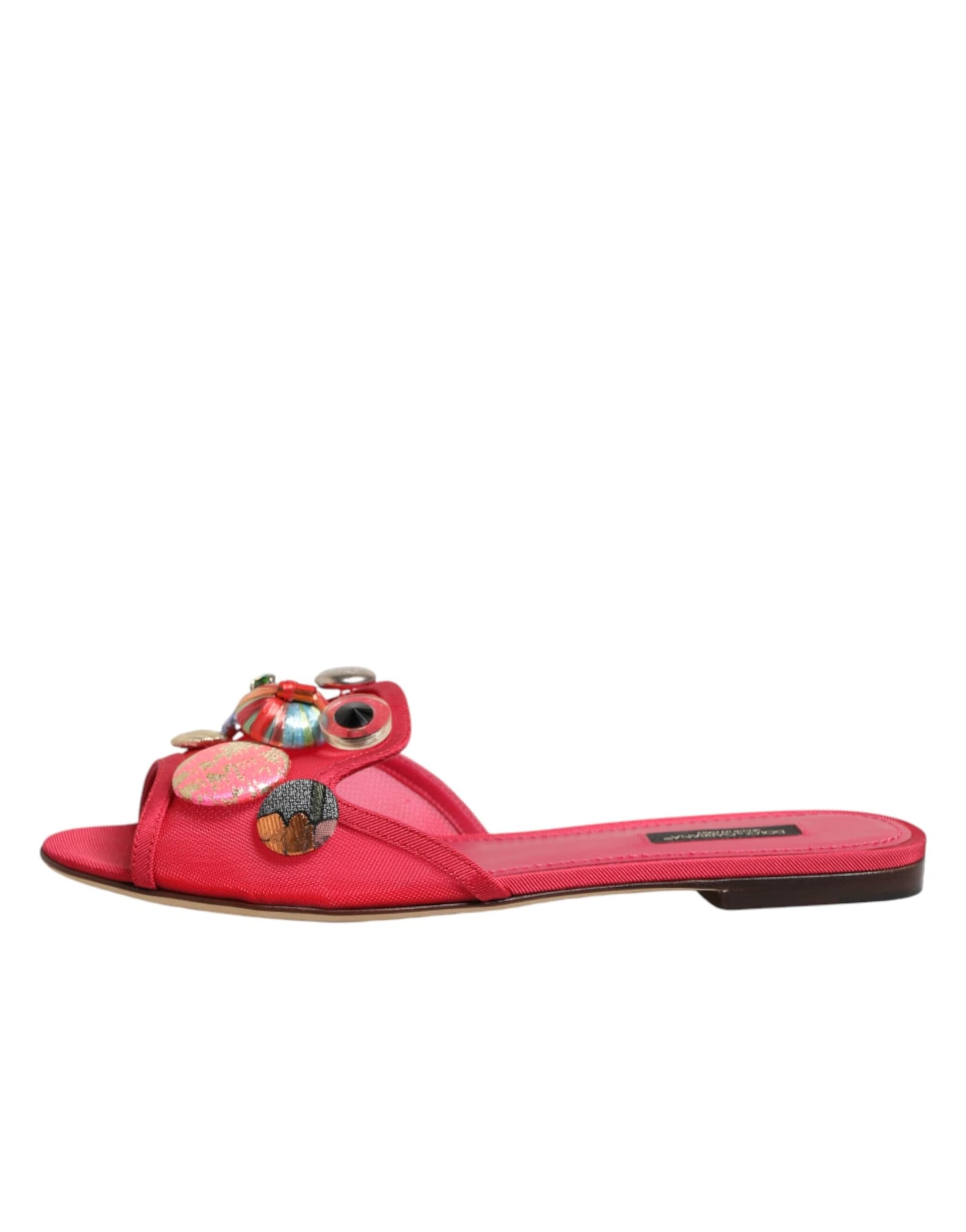 Dolce & Gabbana Red Embellished Flats Slip On Sandals Shoes - 5