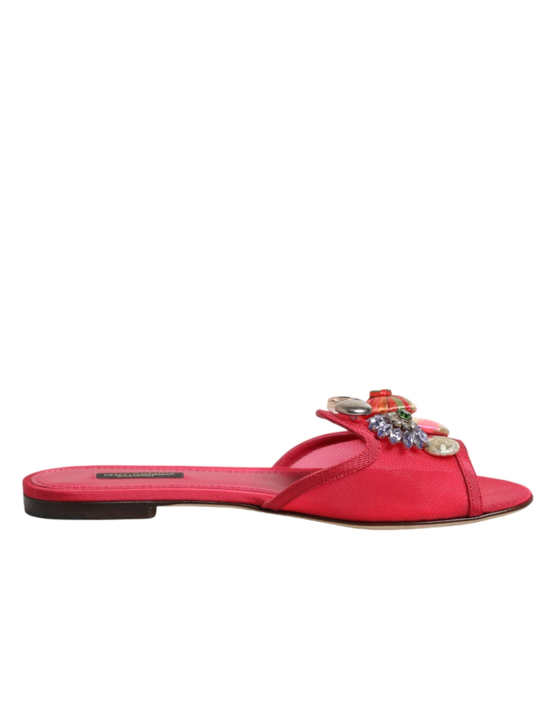 Dolce & Gabbana Red Embellished Flats Slip On Sandals Shoes - 7