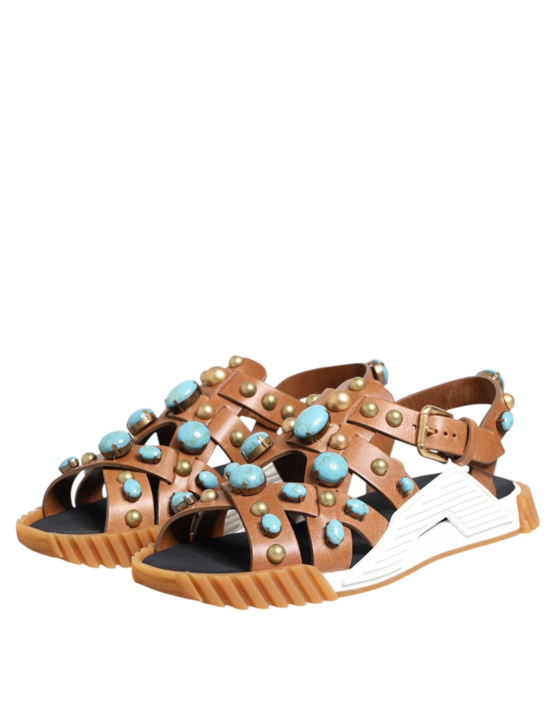 Dolce & Gabbana Brown Leather Studded Slides Sandals Shoes - 3