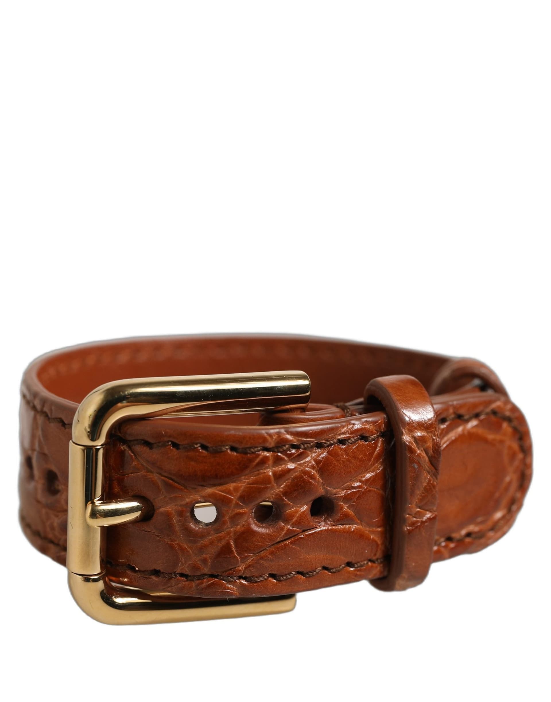 Dolce & Gabbana Brown Textured Leather Gold Buckle Belt Strap Bracelet - 7