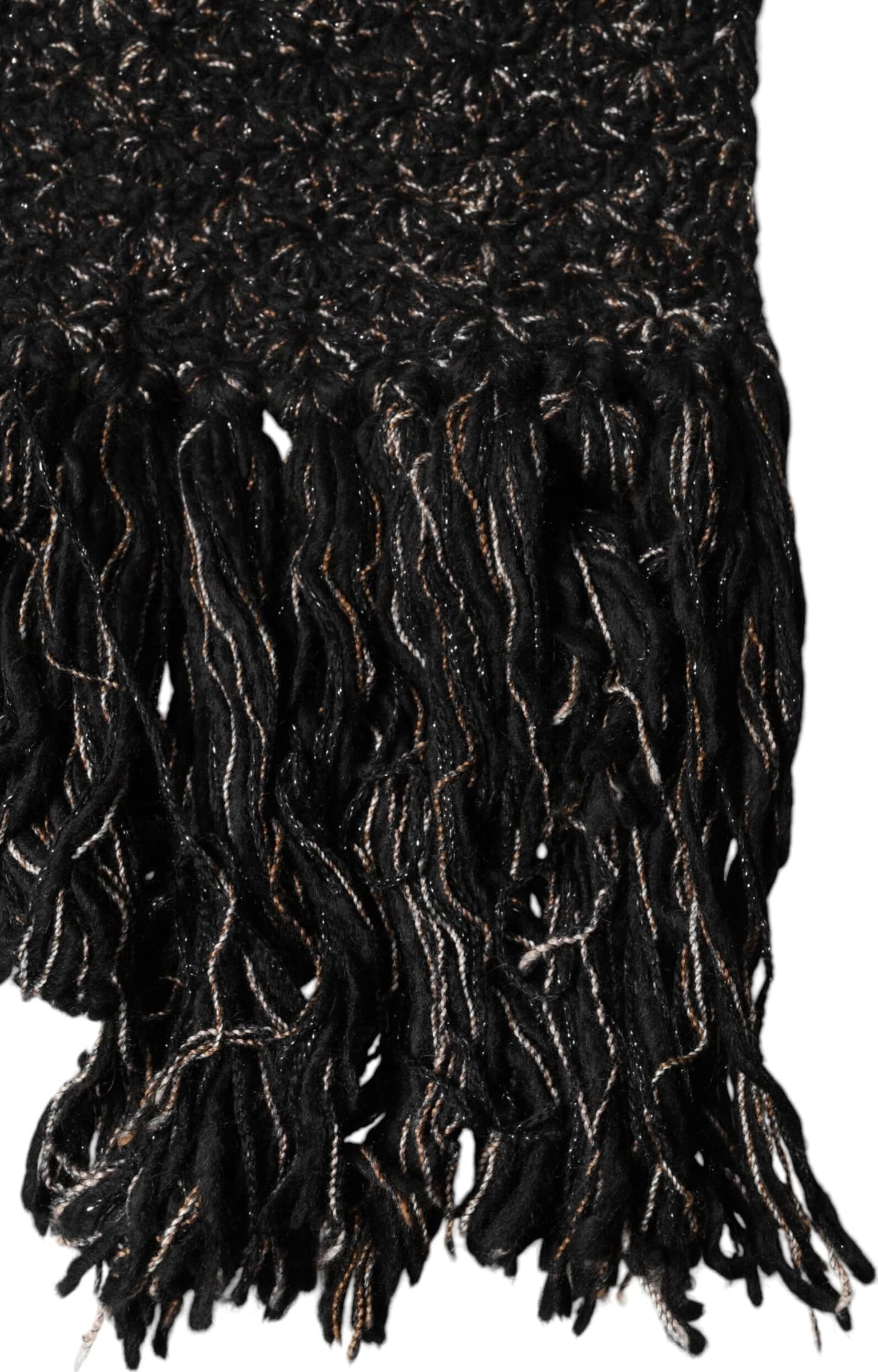 Dolce & Gabbana Black Wool Fringes Neck Wrap Foulard Scarf - 3