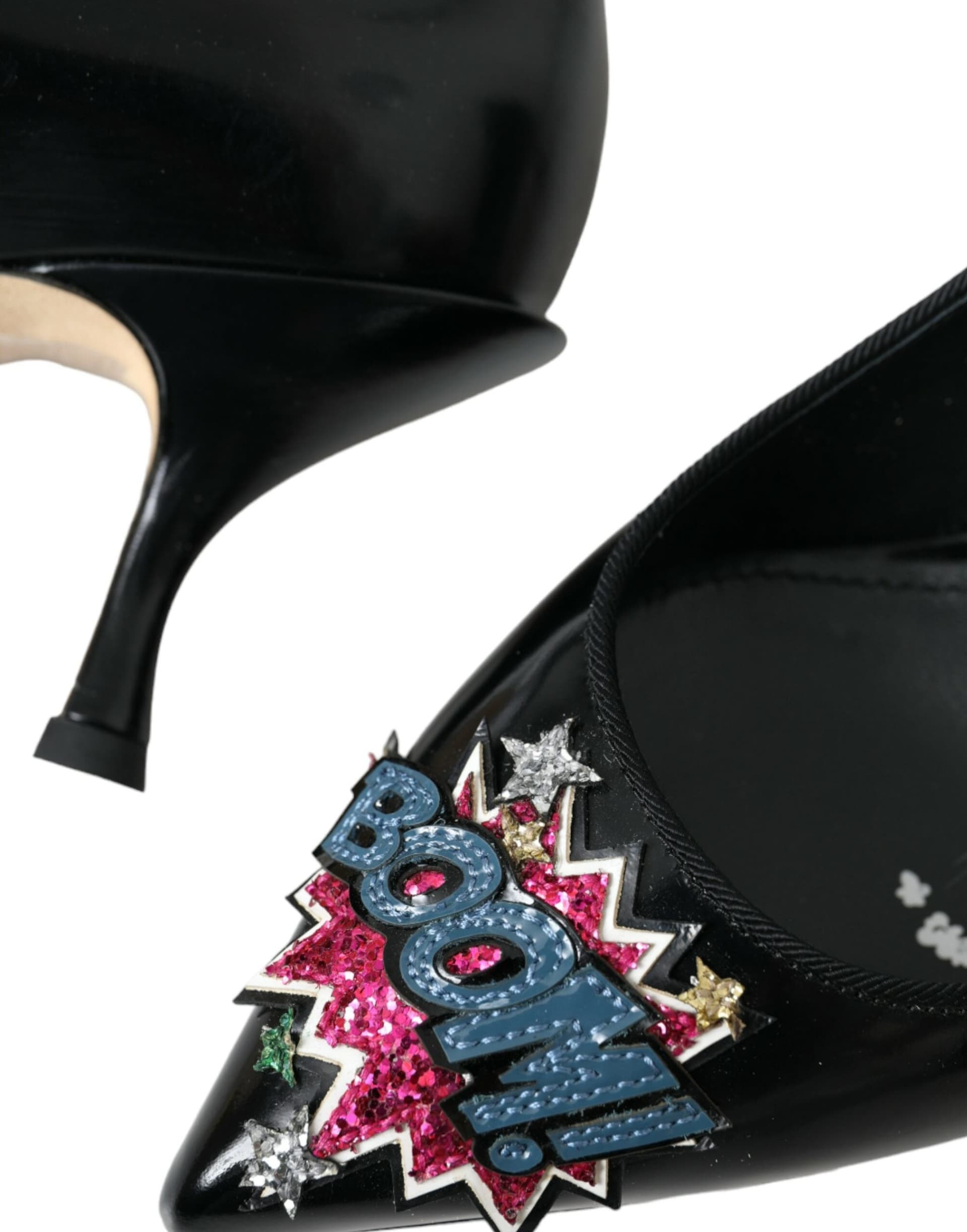 Dolce & Gabbana Black Leather BOOM Patch Heels Pumps Shoes - 7