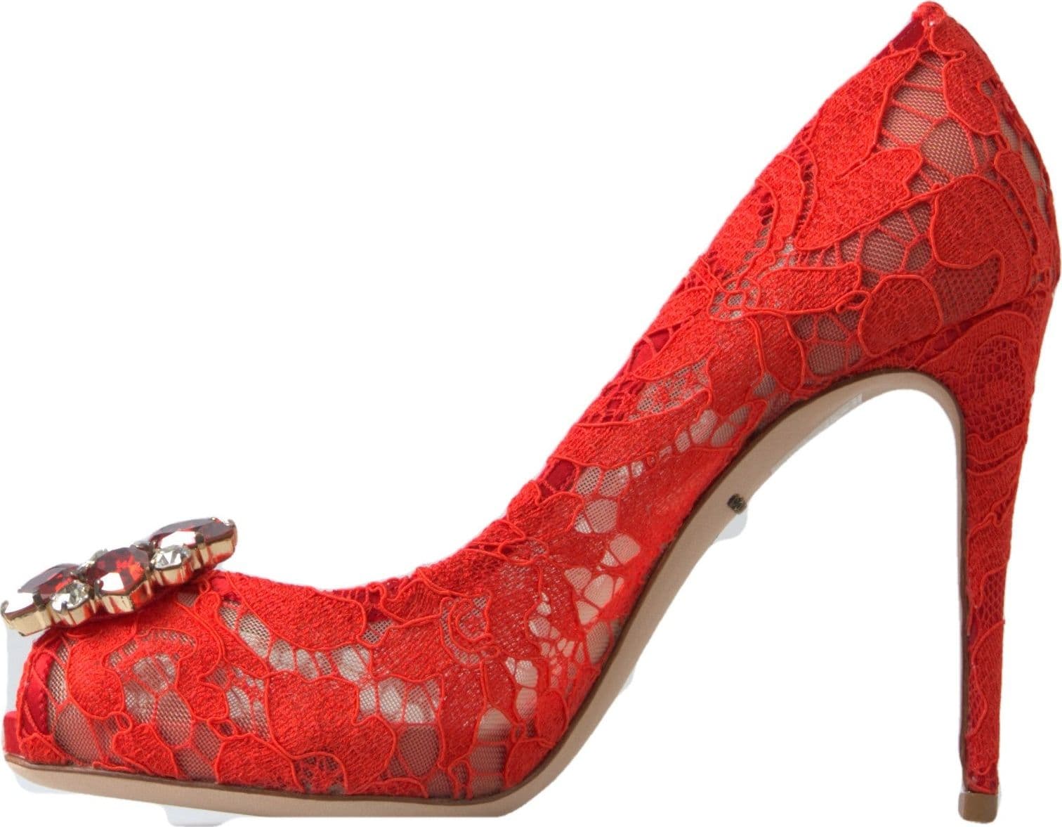 Dolce & Gabbana Red Taormina Lace Crystal Heels Pumps Shoes - 2