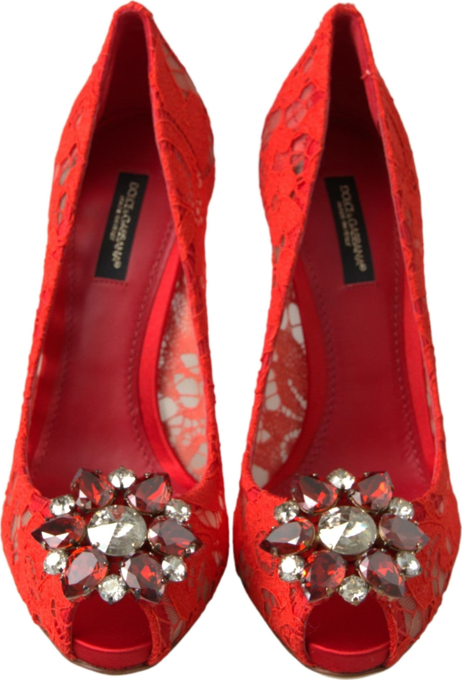 Dolce & Gabbana Red Taormina Lace Crystal Heels Pumps Shoes - 5