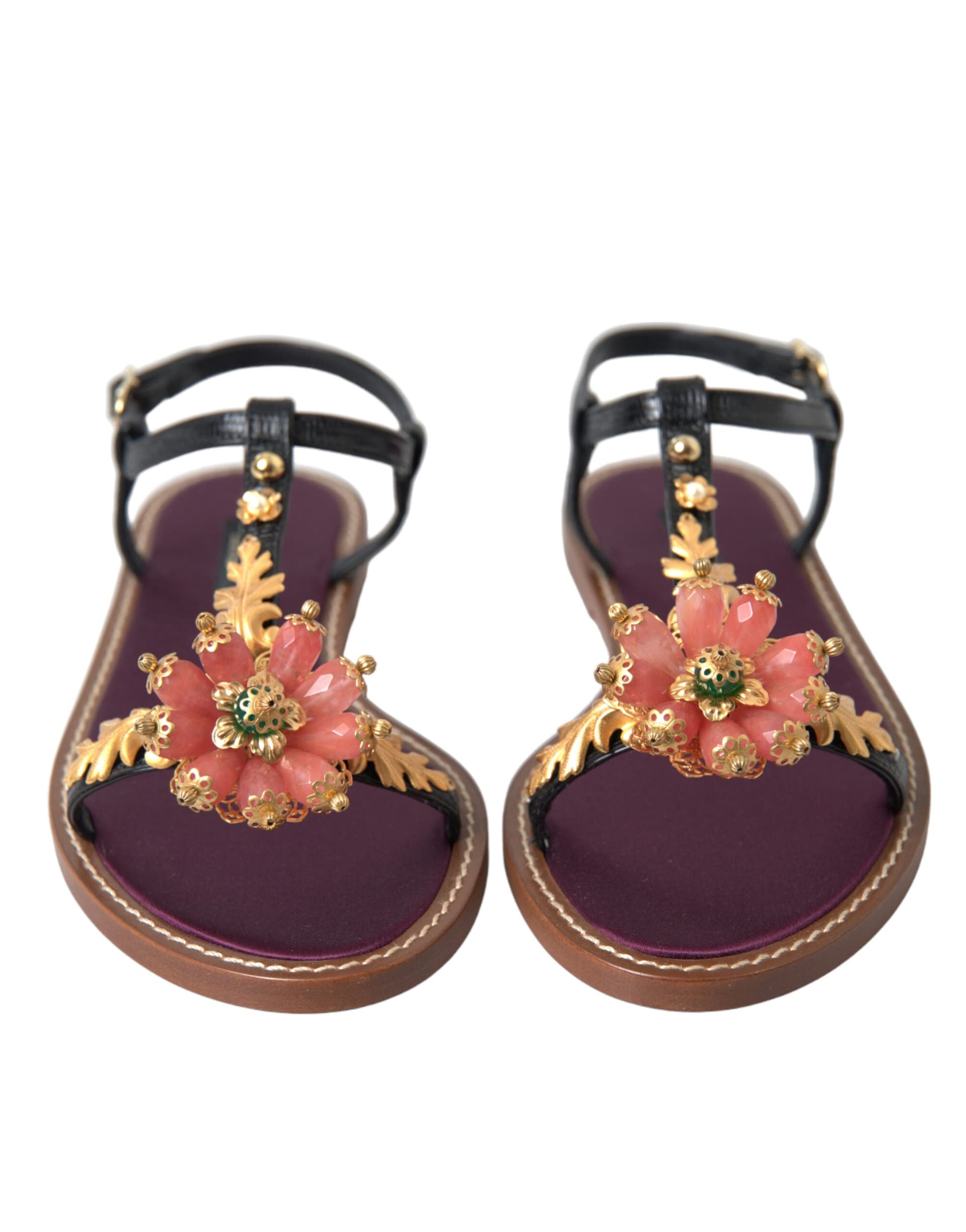 Dolce & Gabbana Black Crystal Gold Sandals Leather Shoes - 2