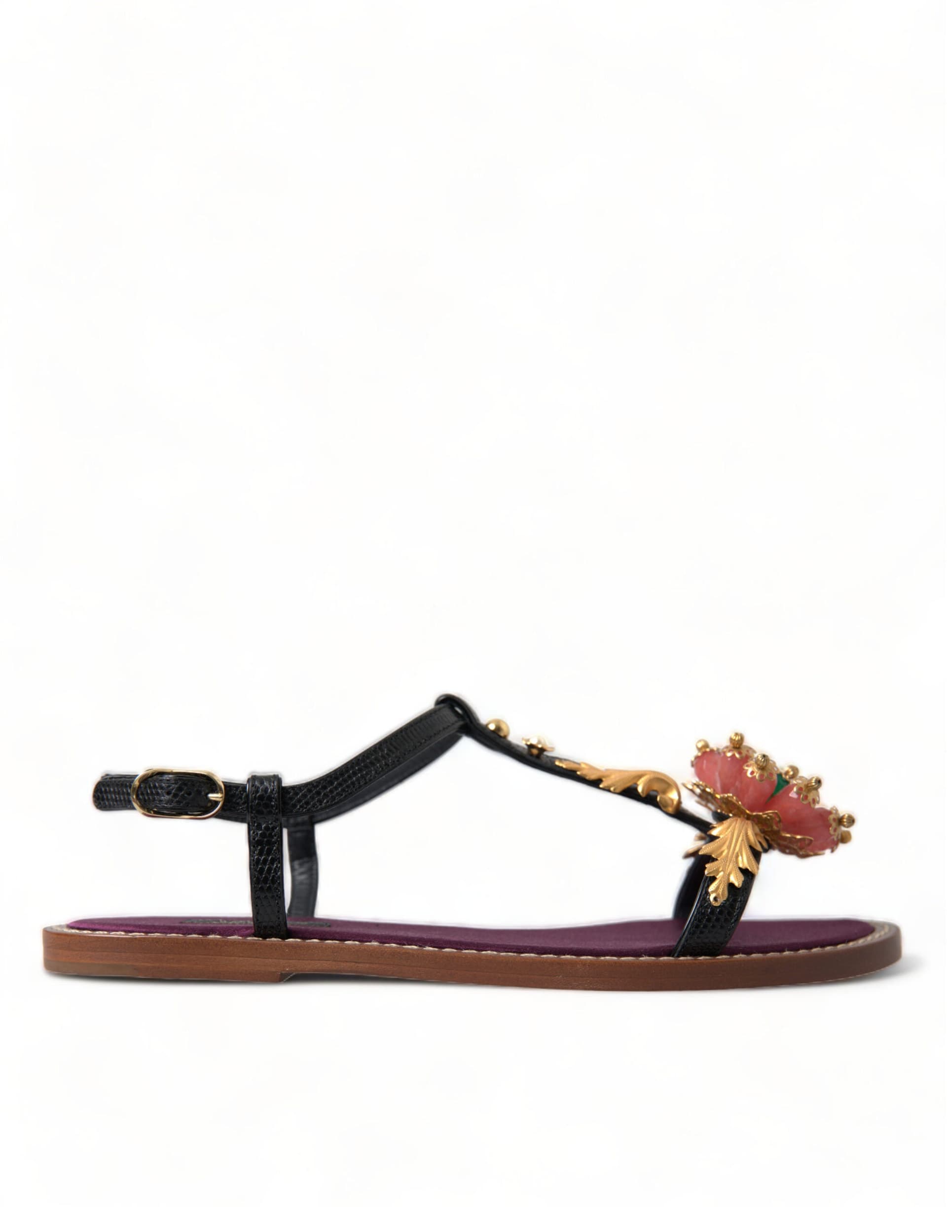 Dolce & Gabbana Black Crystal Gold Sandals Leather Shoes - 6