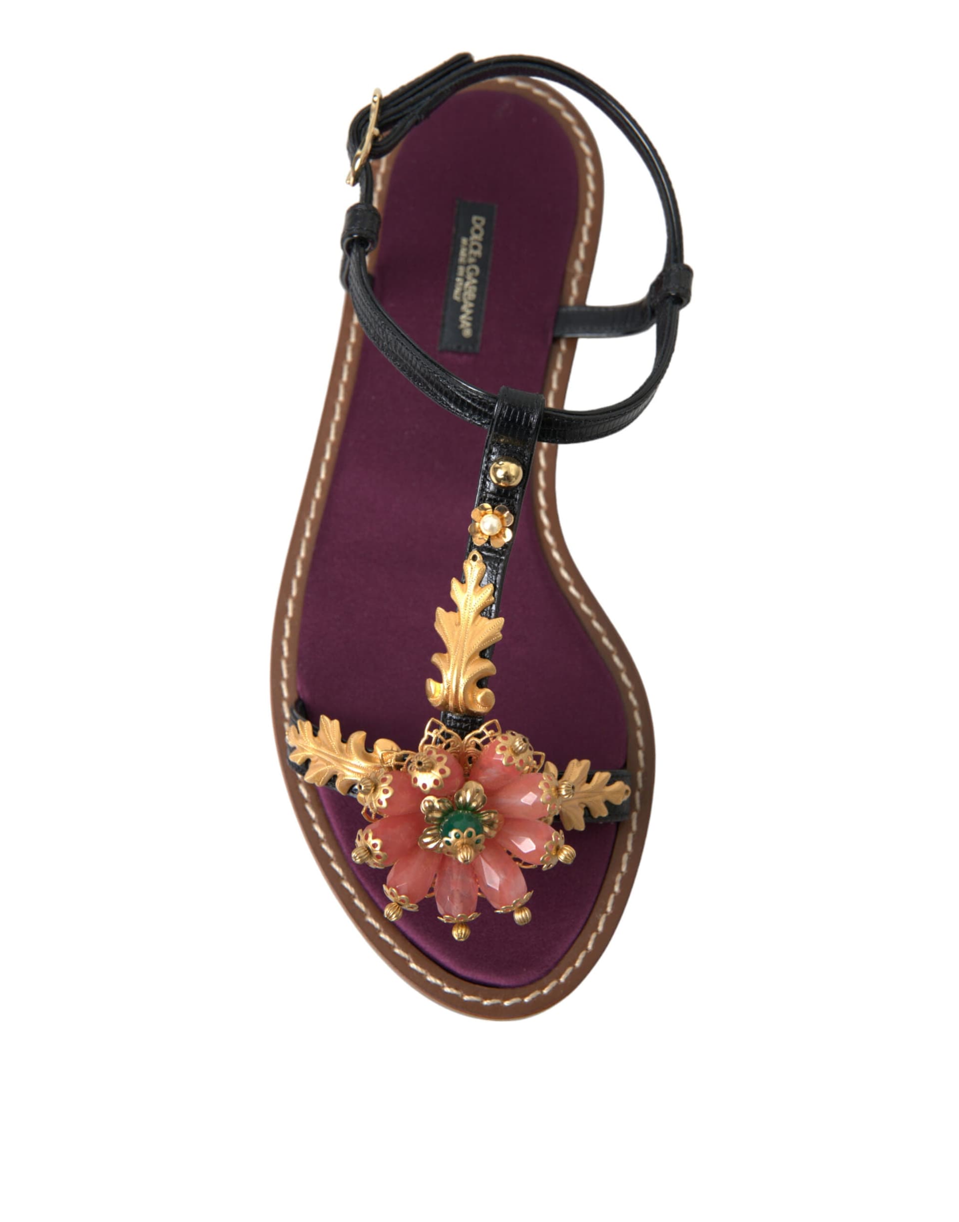 Dolce & Gabbana Black Crystal Gold Sandals Leather Shoes - 7