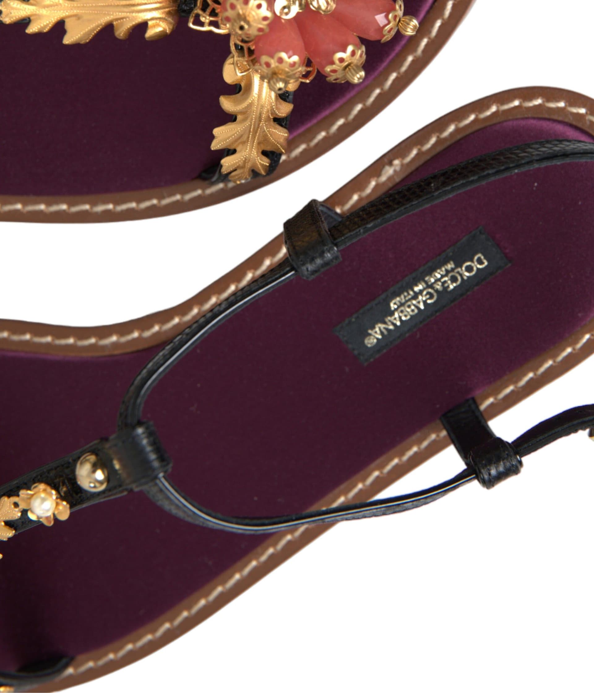 Dolce & Gabbana Black Crystal Gold Sandals Leather Shoes - 8