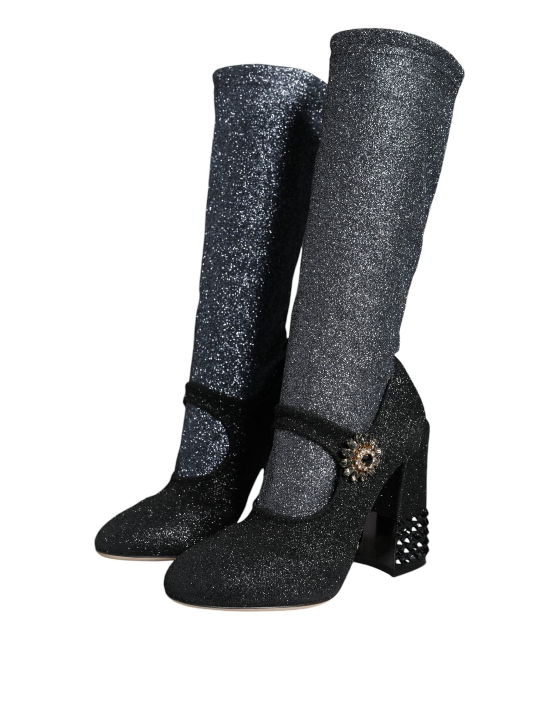 Dolce & Gabbana Black Crystal Mary Janes Booties Shoes - 2