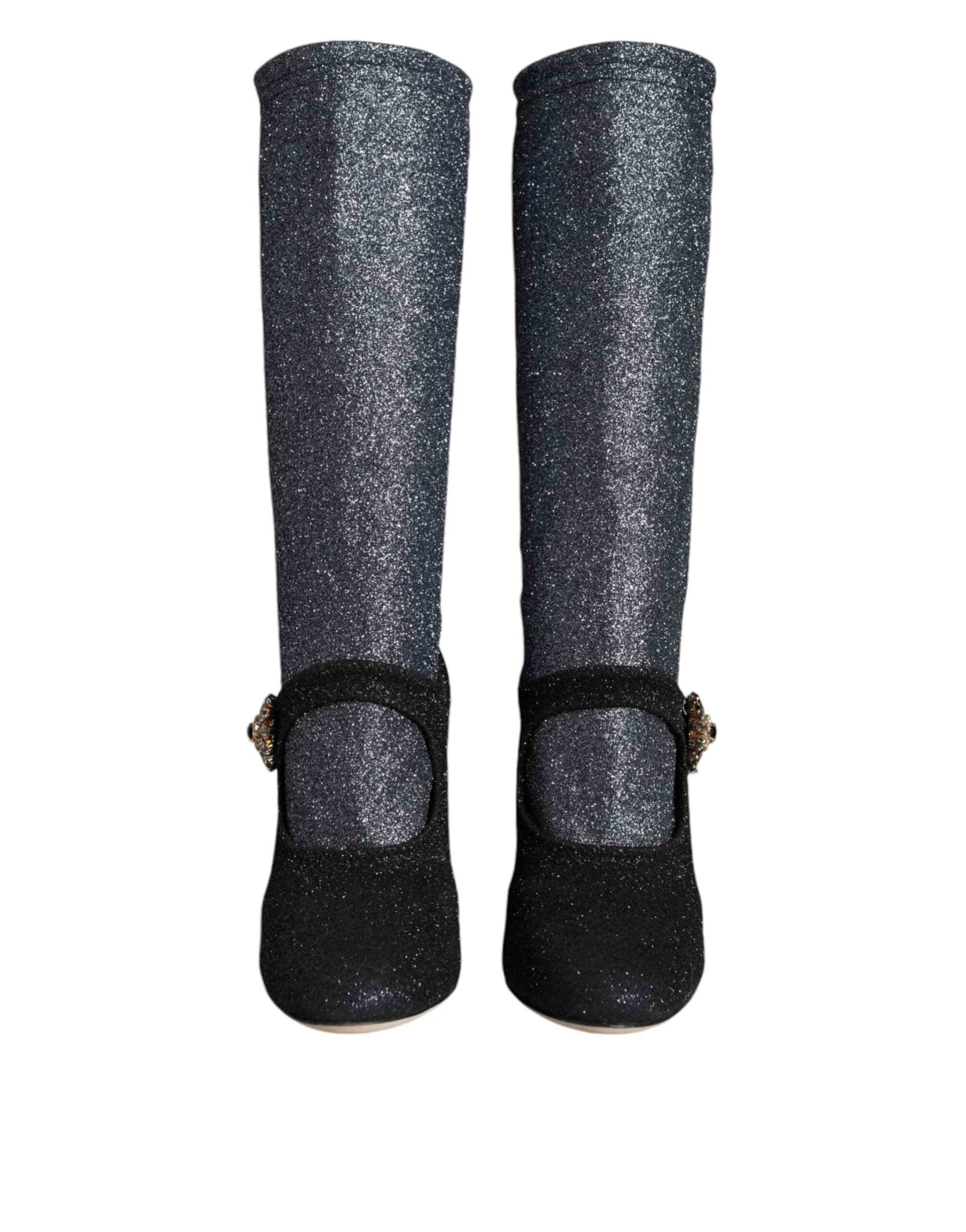 Dolce & Gabbana Black Crystal Mary Janes Booties Shoes - 2