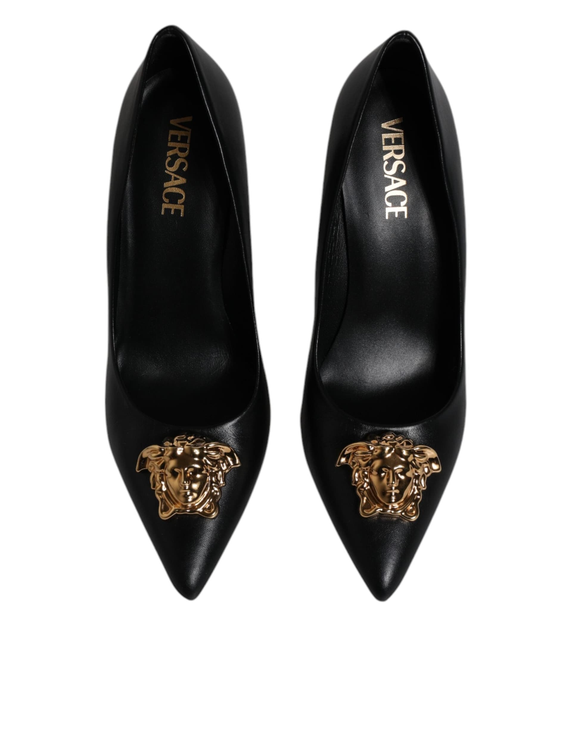 Versace Black Leather Logo Plaque High Heels Pumps Shoes - 2