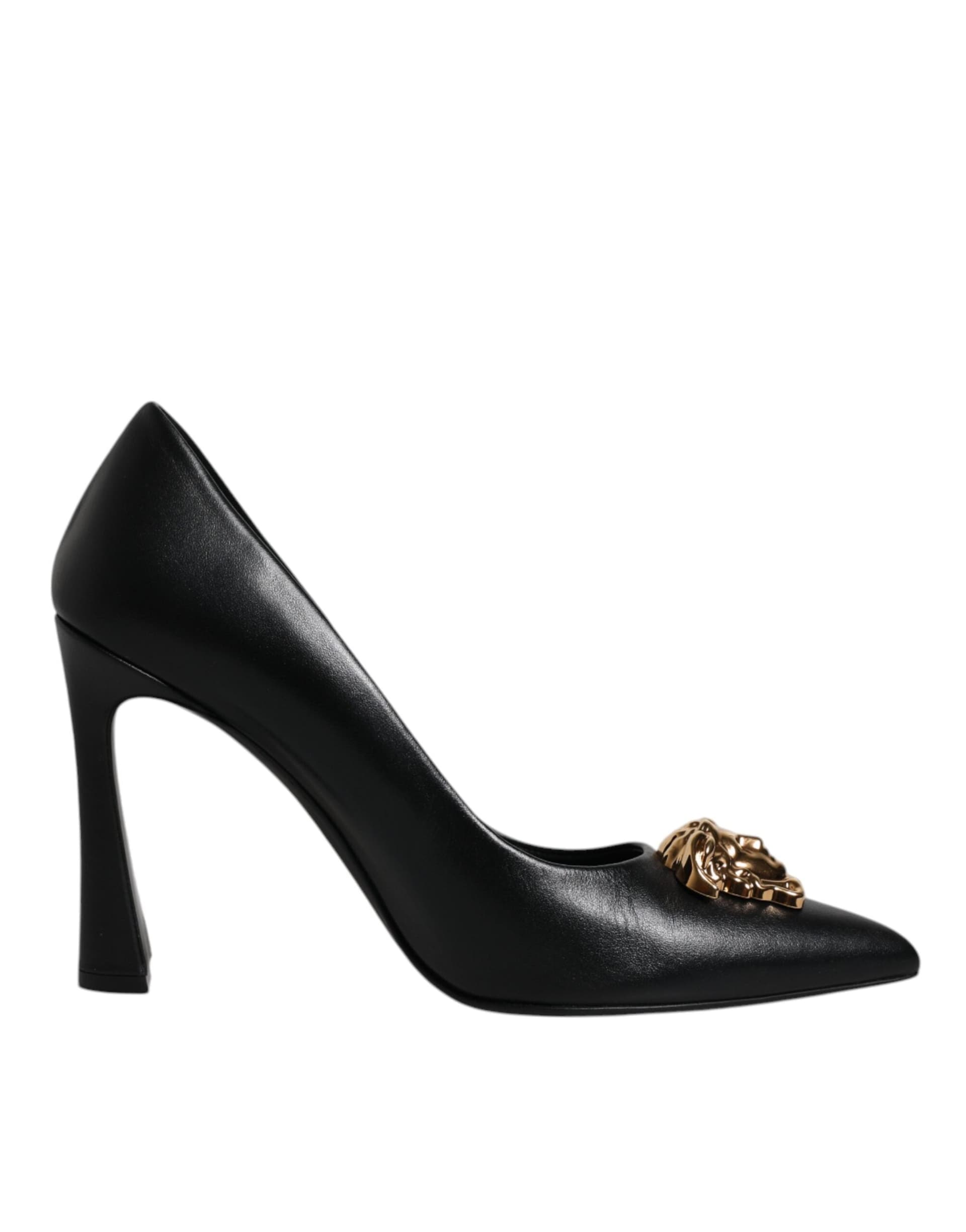 Versace Black Leather Logo Plaque High Heels Pumps Shoes - 7