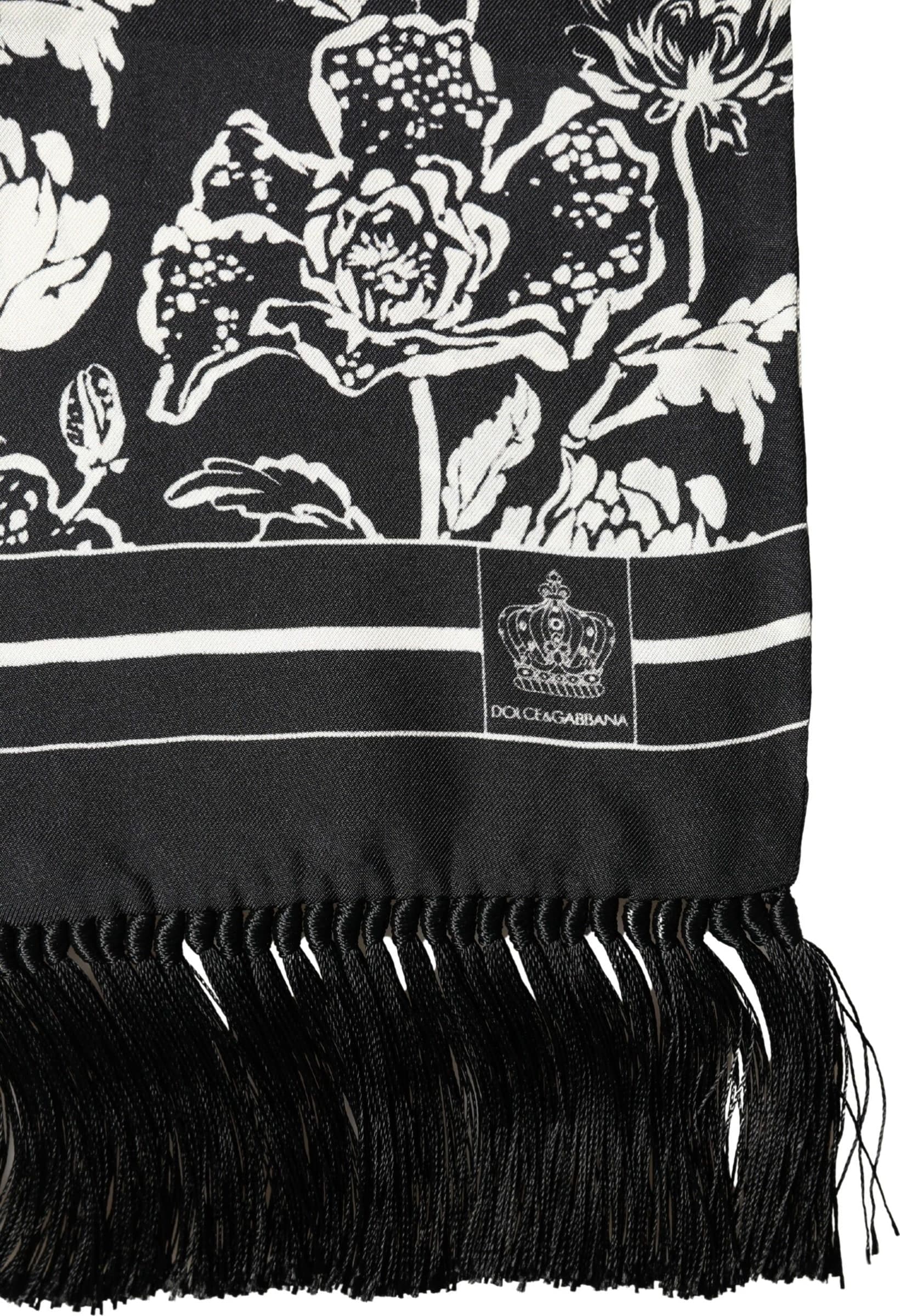Dolce & Gabbana Black White Silk Floral Print Fringe 136cm X 15.5cm  Scarf - 4