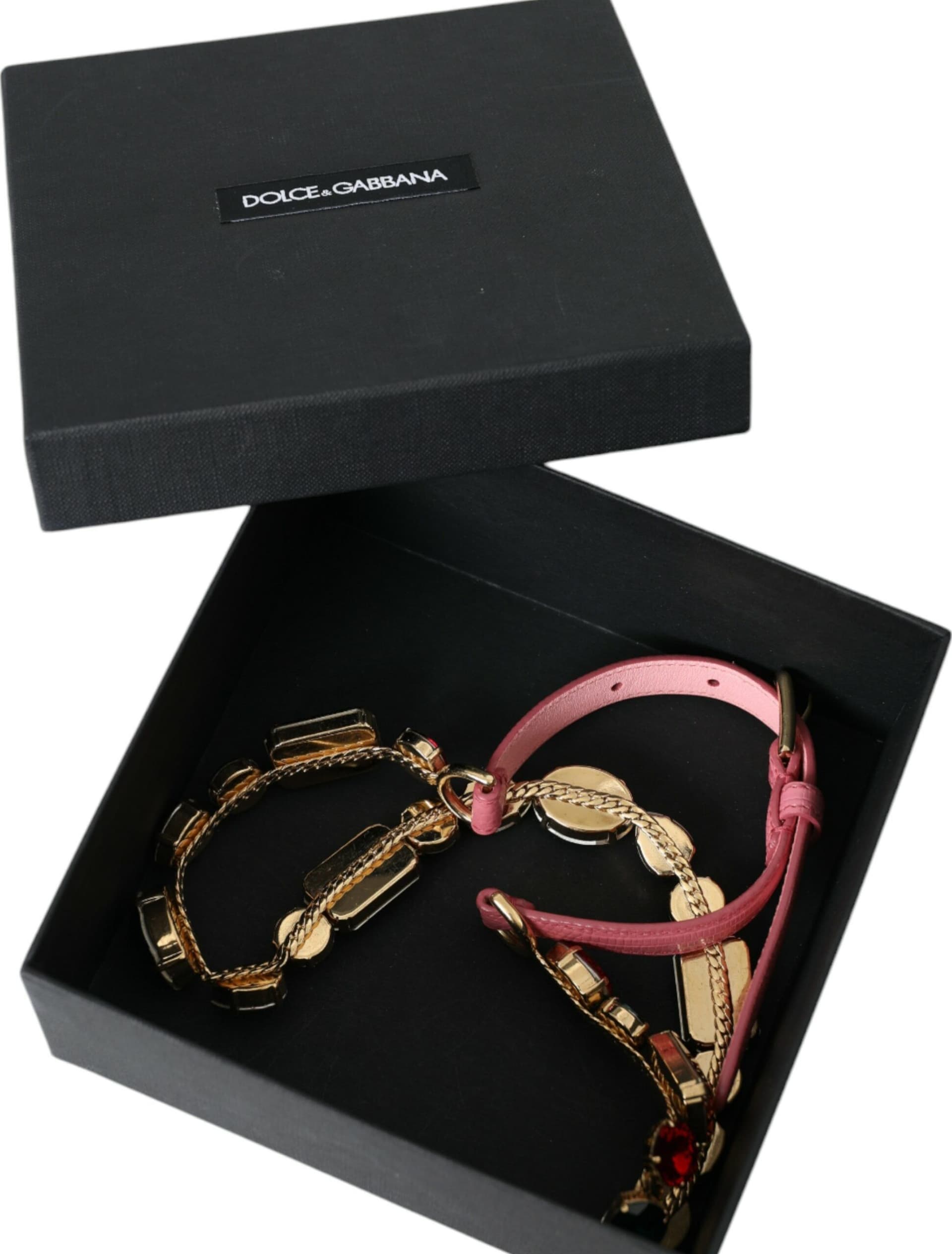 Dolce & Gabbana Pink Leather Crystal Chain Embellished Belt - 6