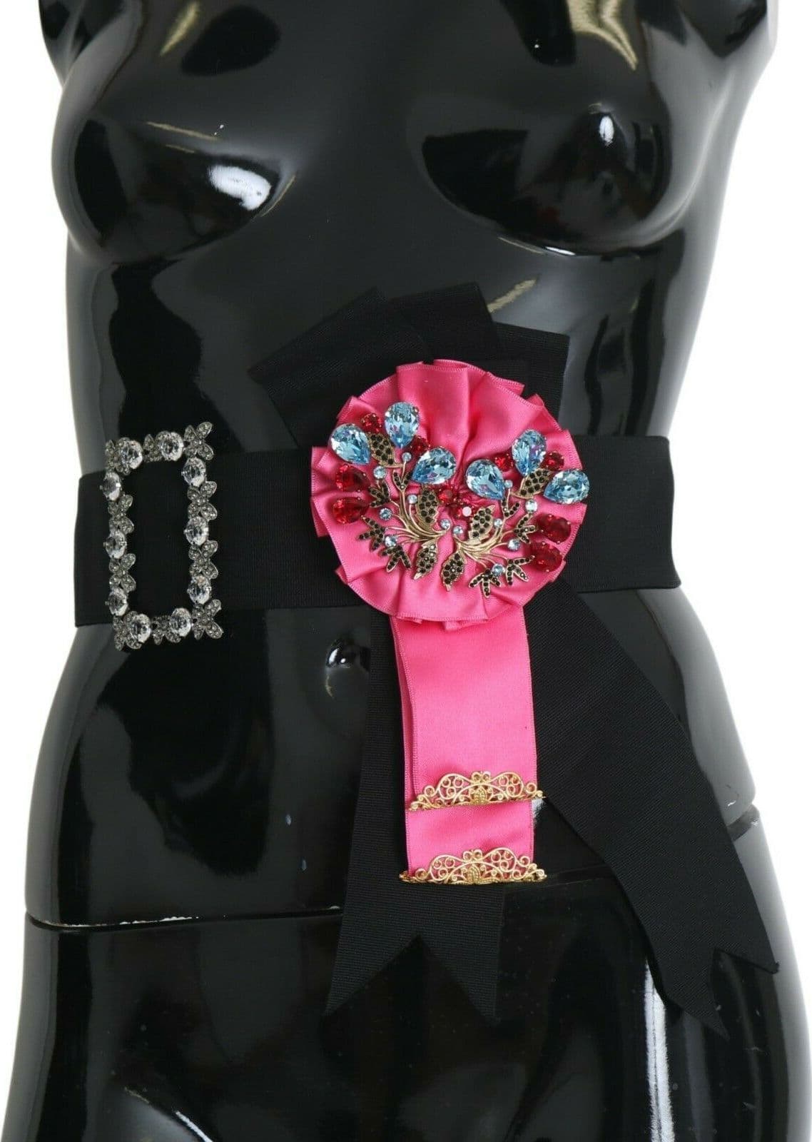 Dolce & Gabbana Black Pink Flower Brooch Crystals Cotton Belt