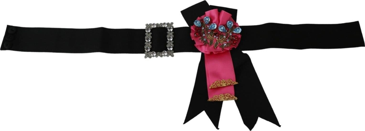 Dolce & Gabbana Black Pink Flower Brooch Crystals Cotton Belt - 4