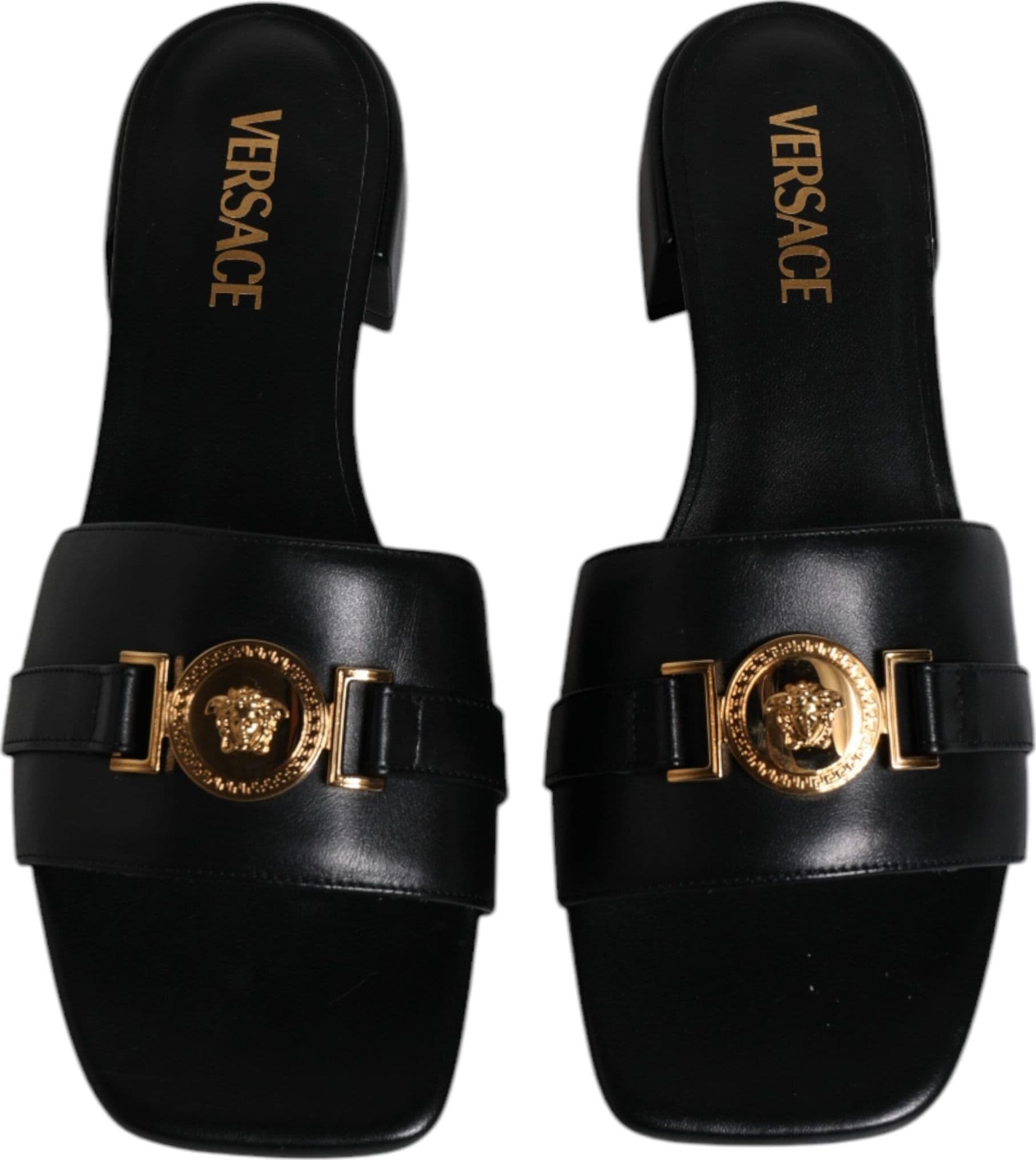 Versace Black Leather Logo Plaque Slip On Slides Flats Shoes - 2