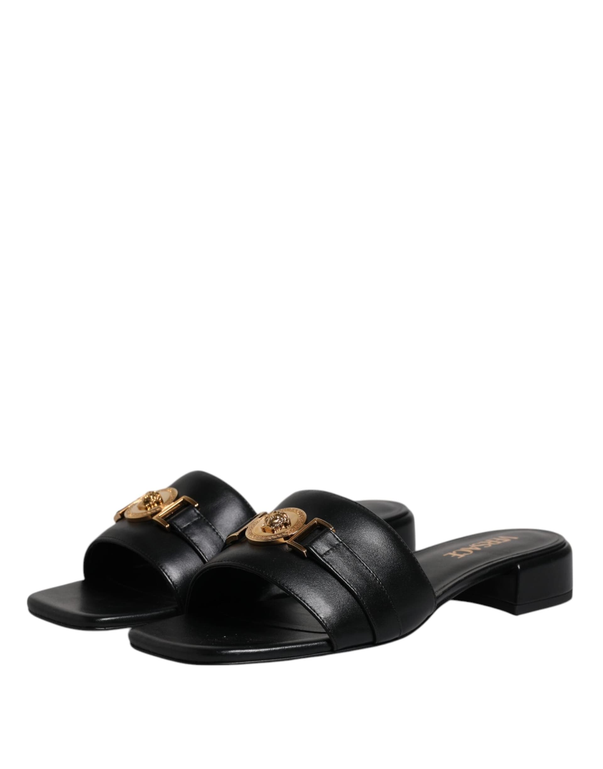 Versace Black Leather Logo Plaque Slip On Slides Flats Shoes - 3